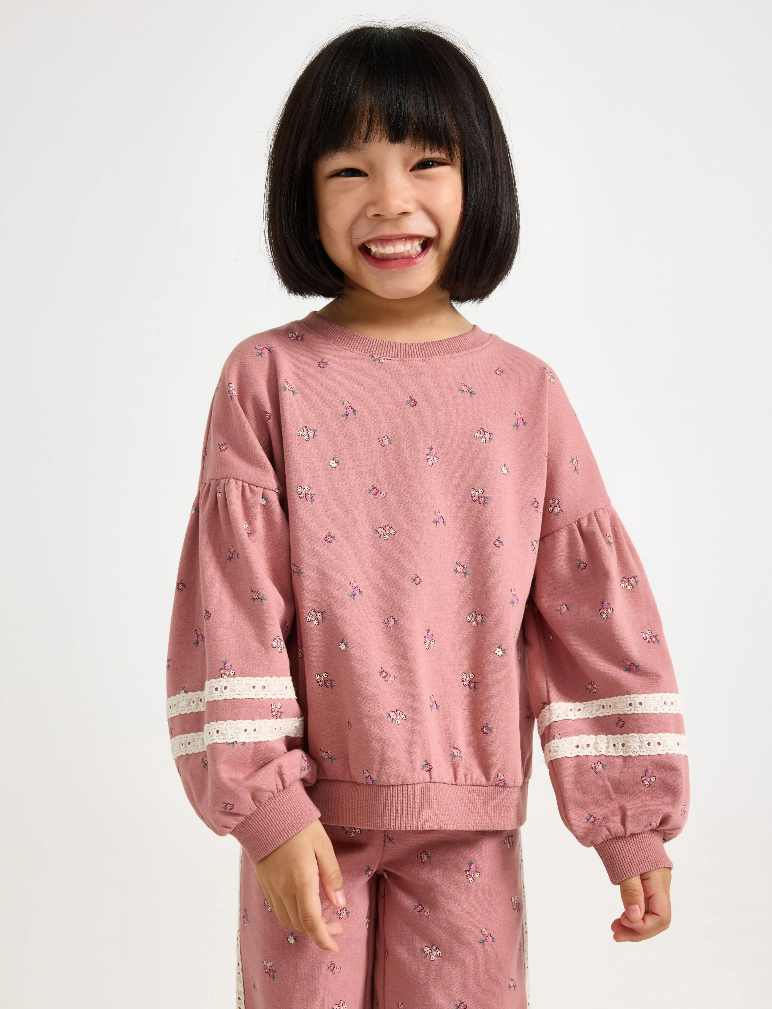 Lindex Cropped Sweatshirt With Puff Sleeve, Børn, Pufærme Sweatshirt, Pink, Str: 104