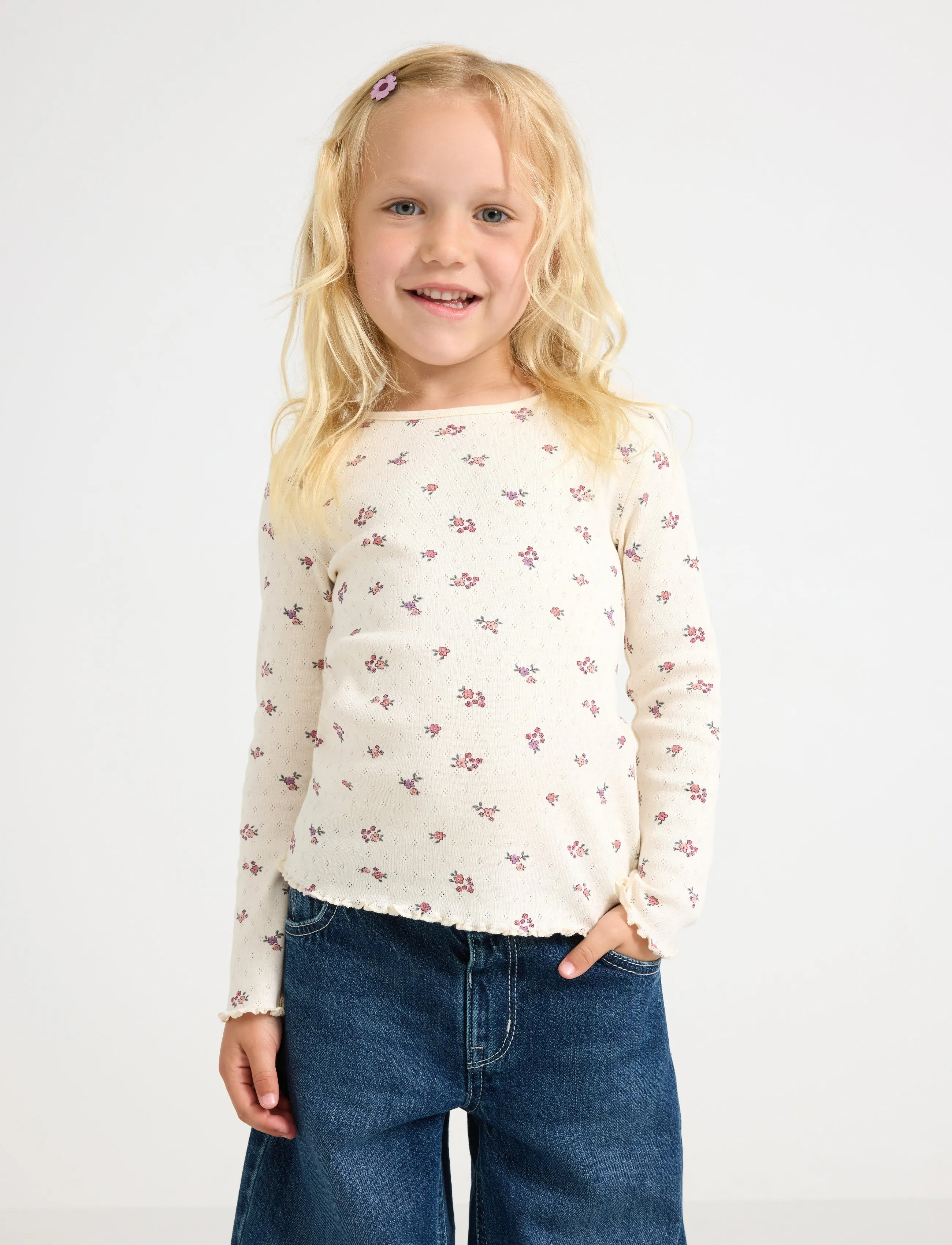 Lindex Long-Sleeved Top In Pointelle, 116, T-shirts, Weiß - Long-sleeved Kinder