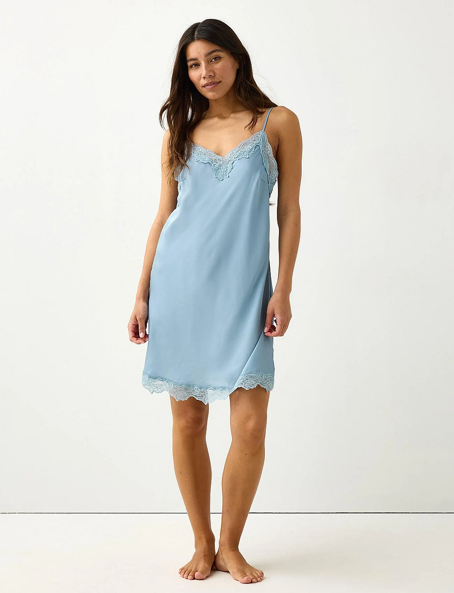 Lindex - Nightdress in satin with lace trim - natkjoler - light dusty blue - 0