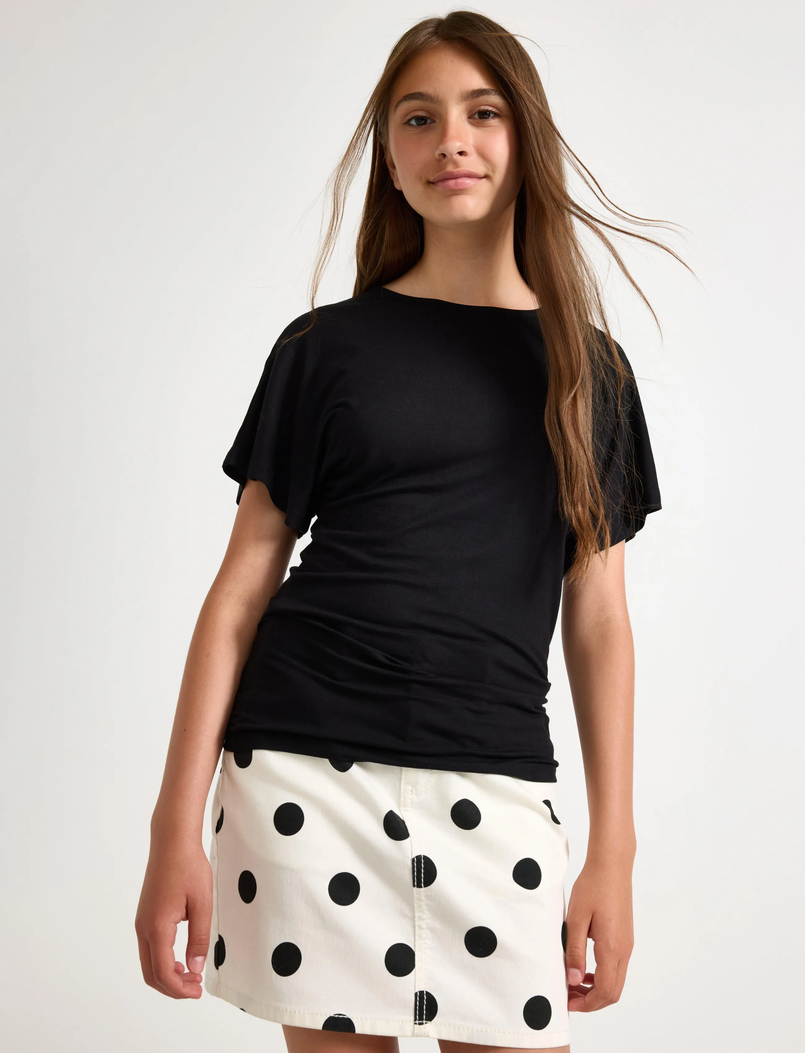 Lindex Top With Wide Sleeves, Børn, Prikket Top Med Brede Ærmer, Sort, Str: 146/152
