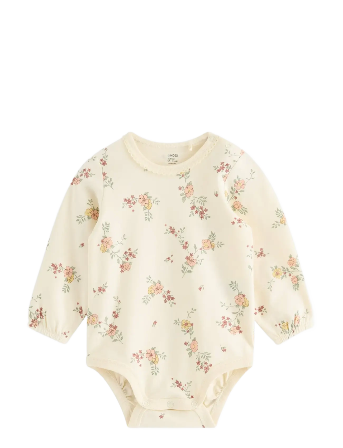 Lindex Long-Sleeved Bodysuit With Flowers, 86, Cream, Bodysuits > Langærmede Bodysuits, Børn