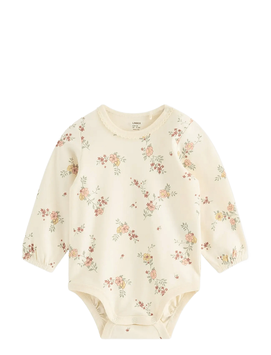 Lindex - Long-sleeved bodysuit with flowers - langærmede heldragter - white - 0