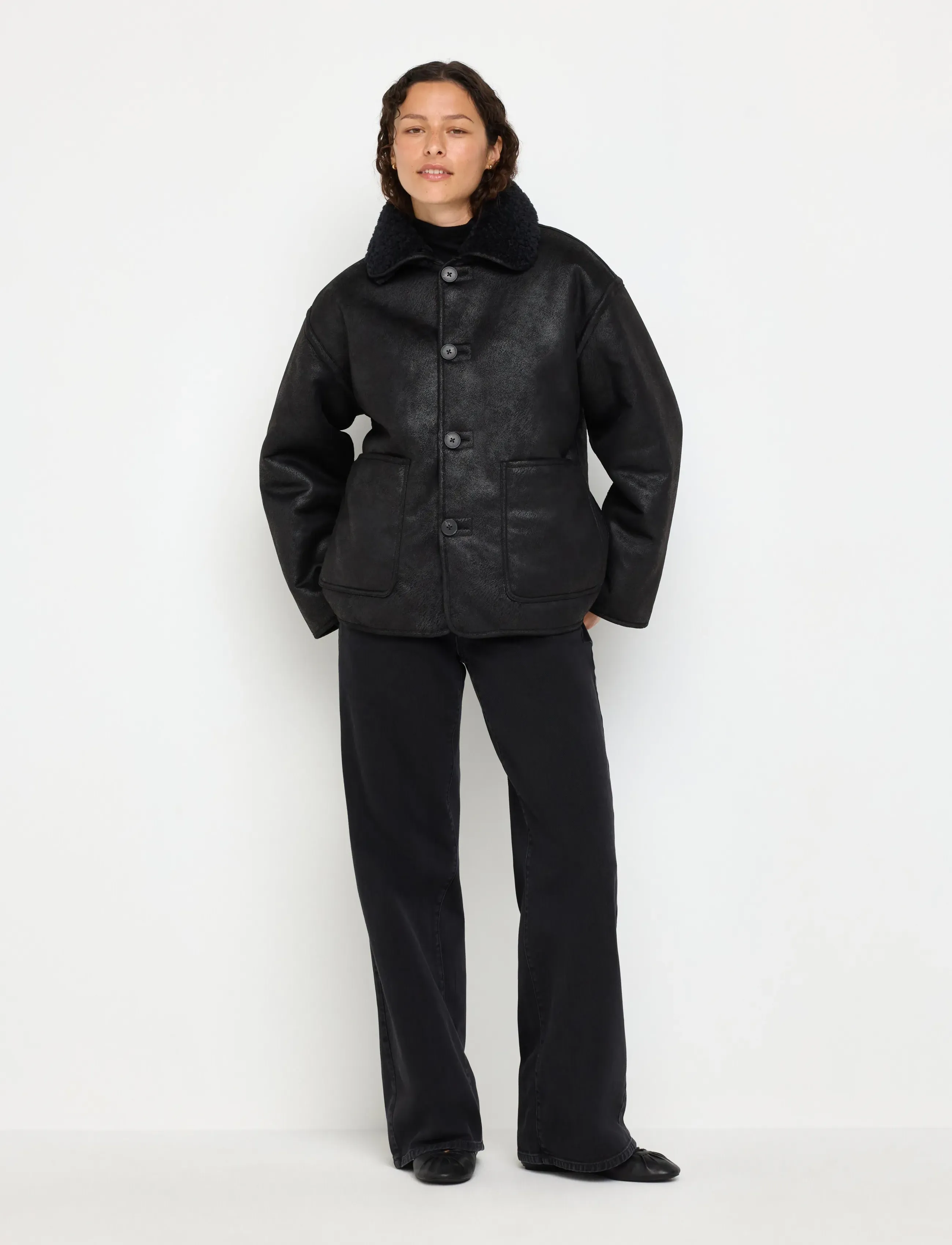 Lindex Reversible Jacket, Kvinder, Vendbar Shearling Jakke, Sort, Str: XL