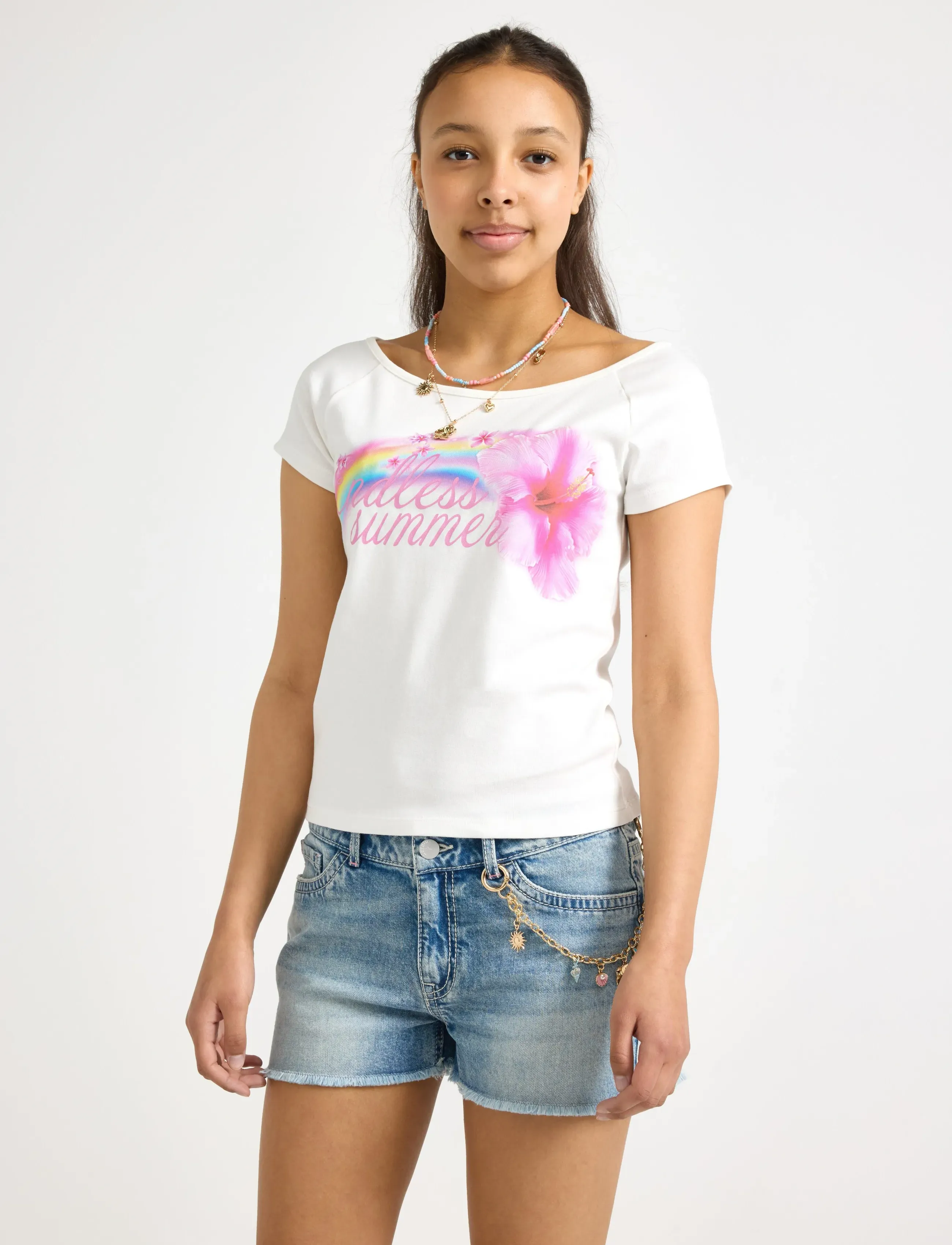 Lindex Cotton Top, Børn, Kortærmet Grafisk T-shirt, Cream, Str: 146/152