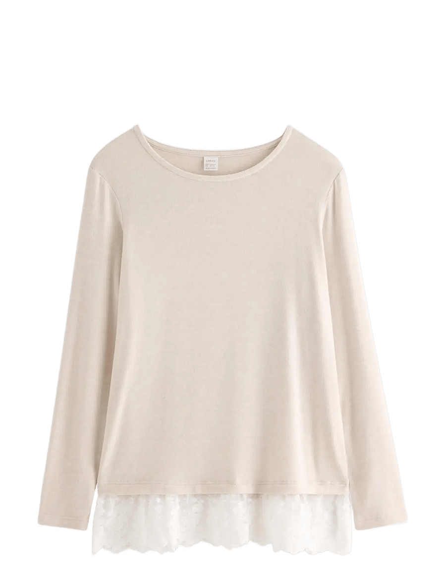 Lindex - Long-sleeved top with lace trim - light beige melange - 1