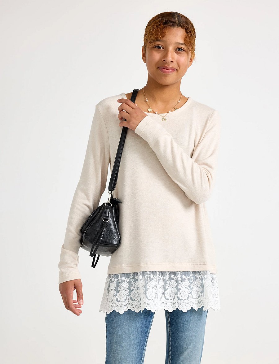 Lindex - Long-sleeved top with lace trim - light beige melange - 0