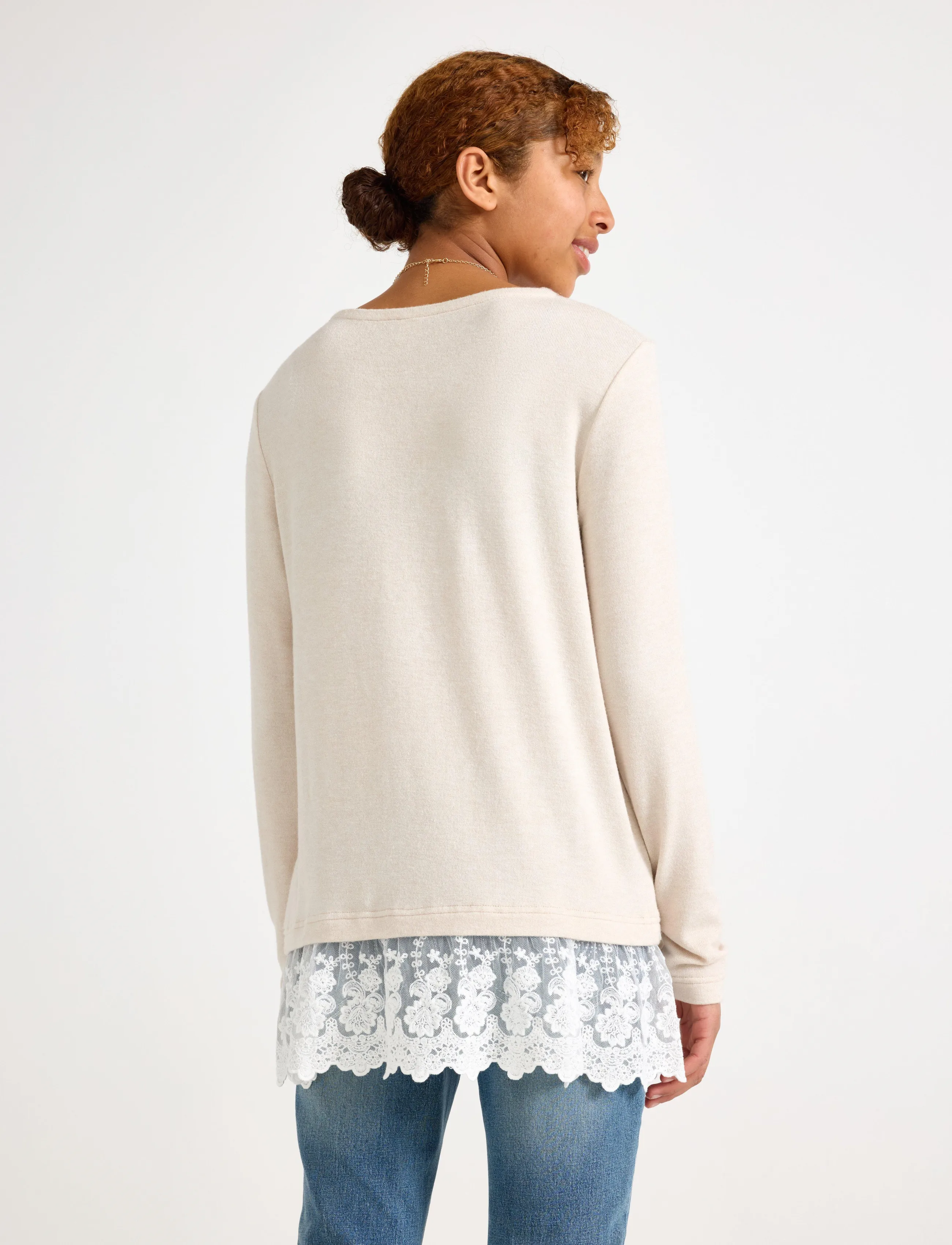 Lindex - Long-sleeved top with lace trim - light beige melange - 3