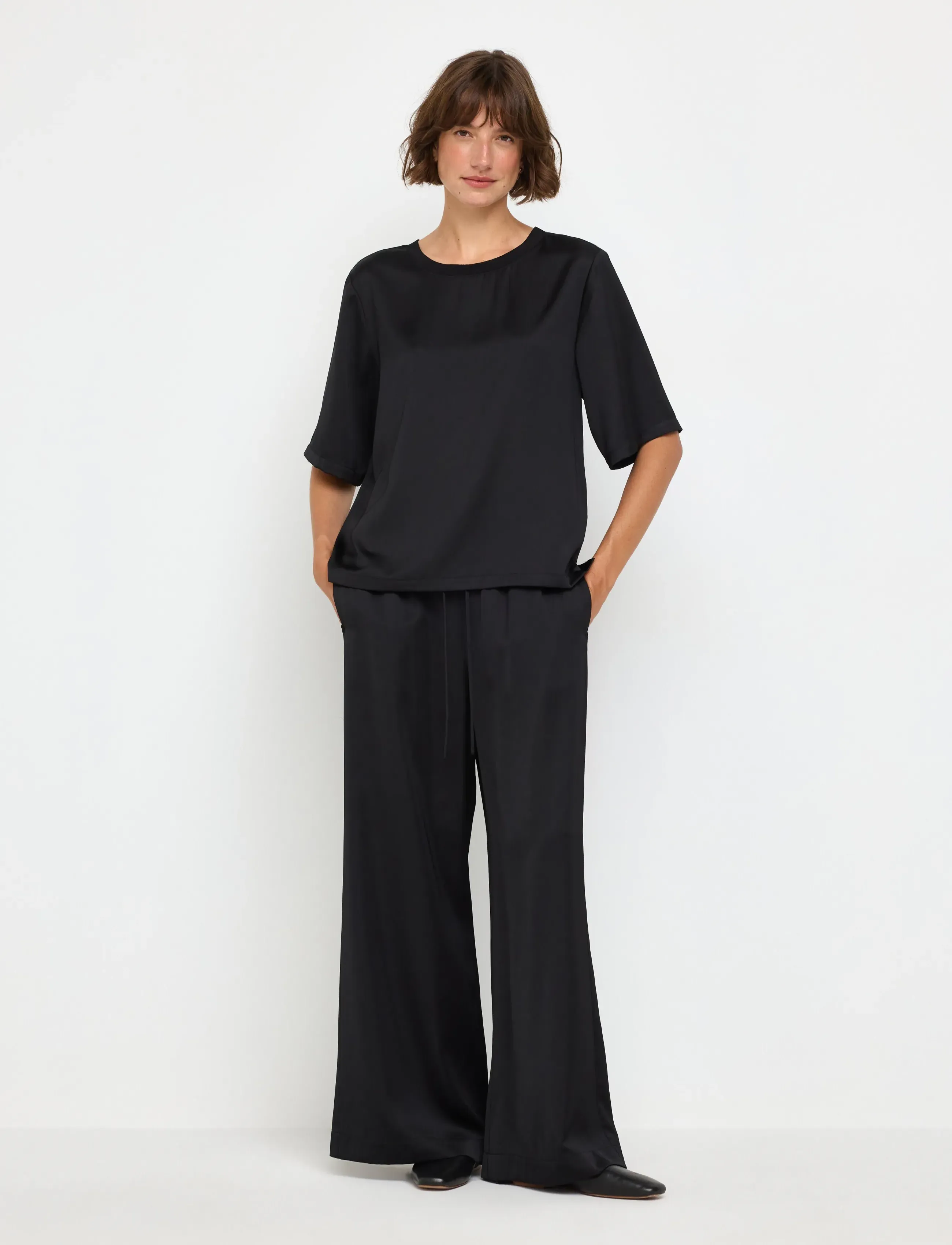 Lindex Wide Satin Trousers, Damen, Weite Hose Mit Kordelzug, Schwarz, Gr.L