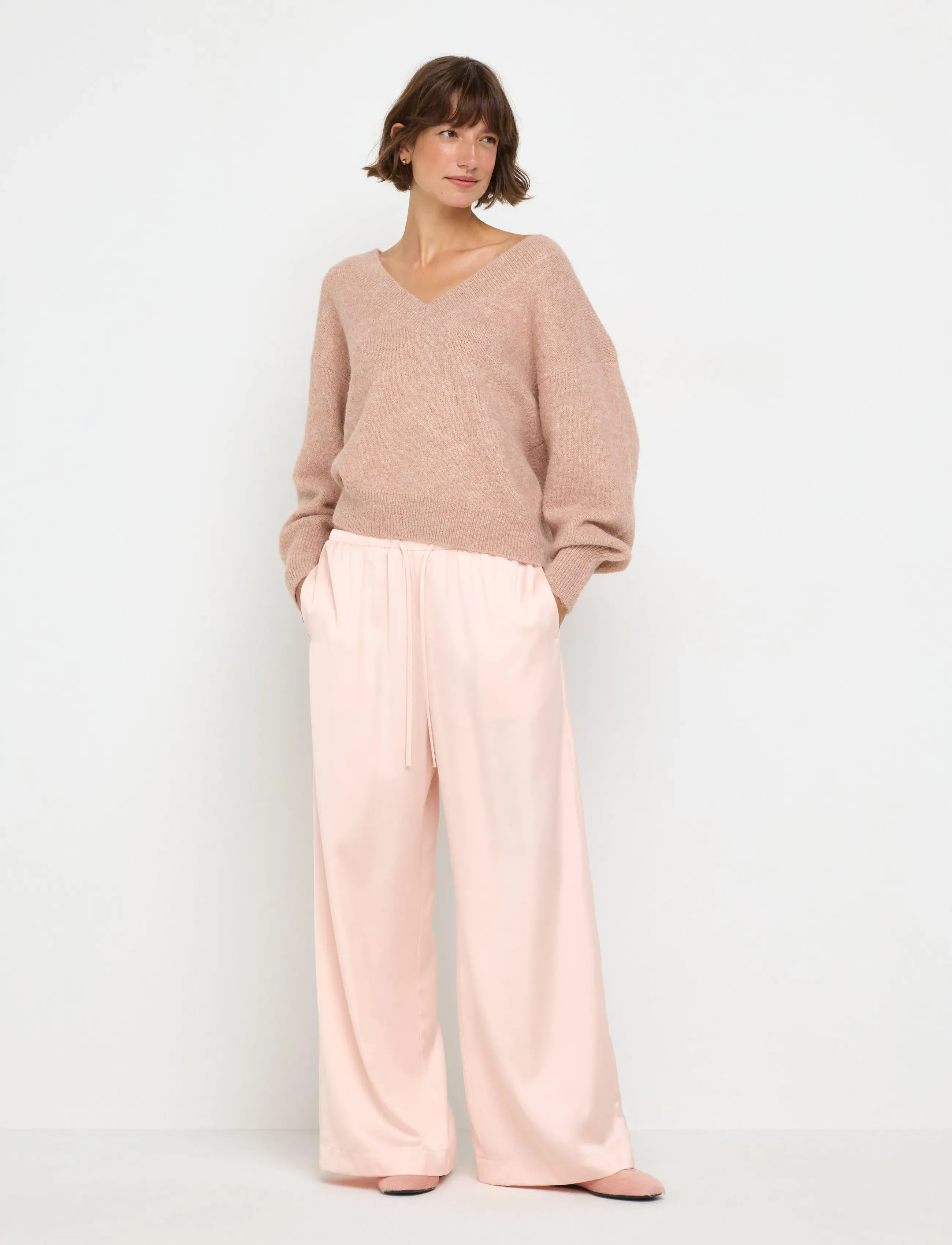 Lindex Wide Satin Trousers, Damen, Weite Hose Mit Kordelzug, Rosa, Gr.M
