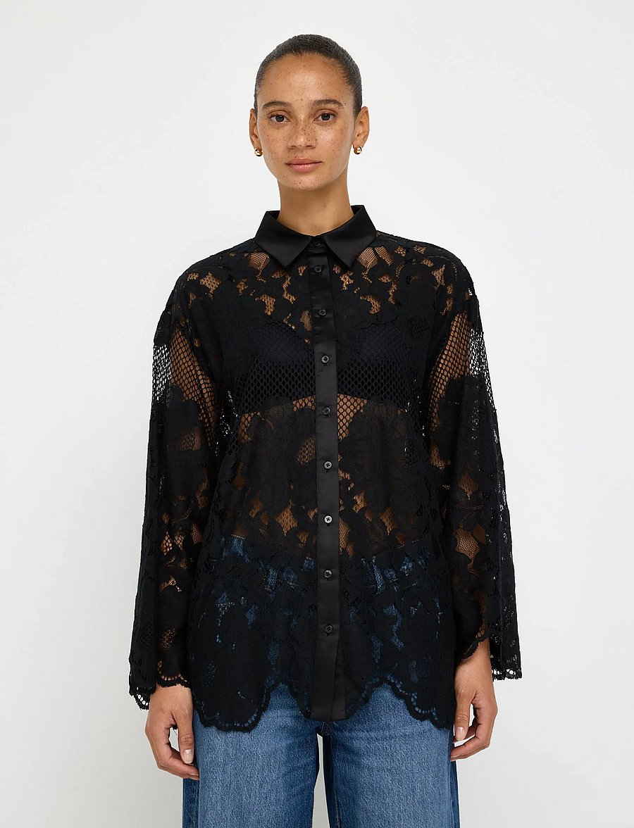 Lindex - Blouse in lace - langærmede bluser - black - 0