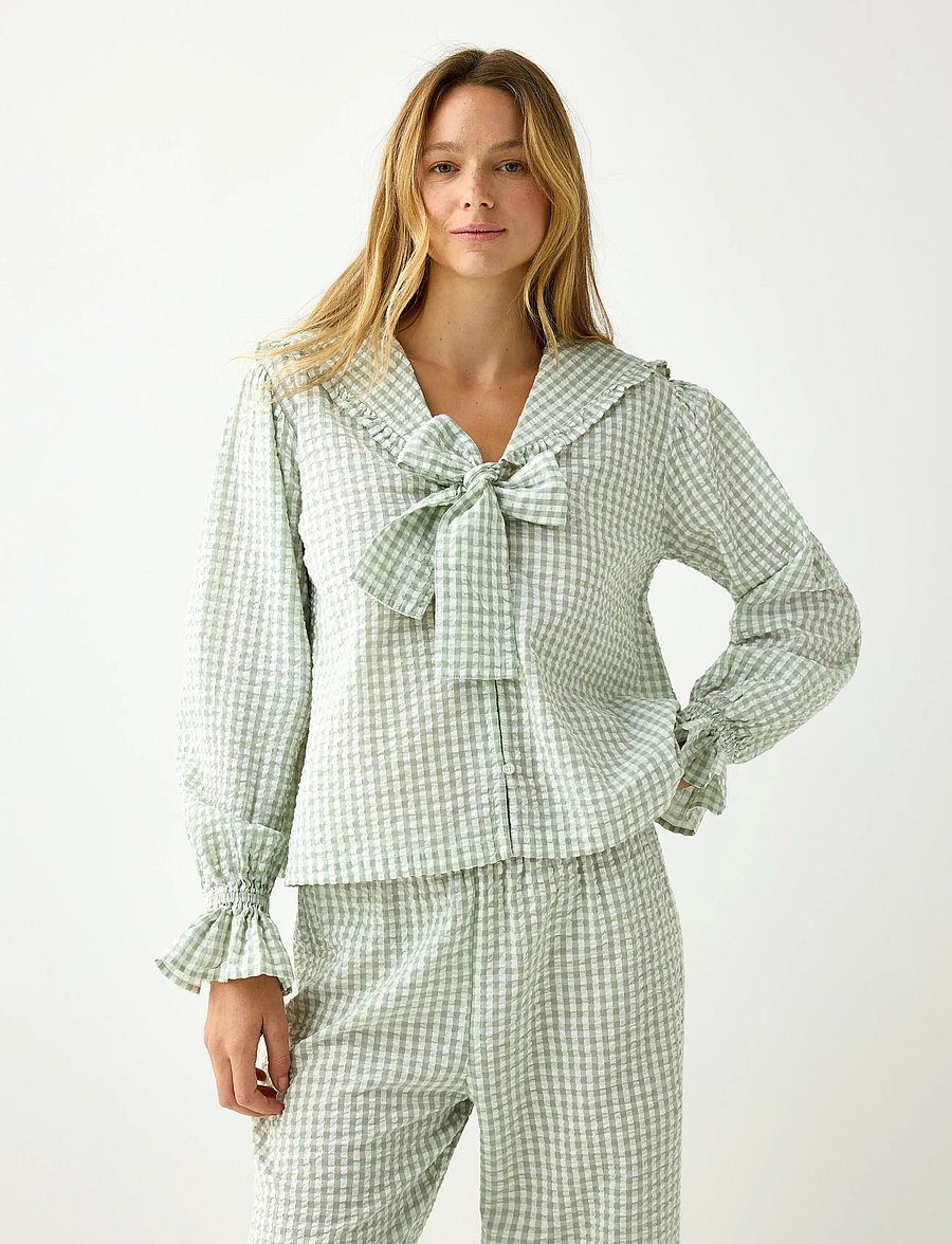 Lindex - Pyjama shirt in seersucker - långärmade skjortor - light dusty green - 0