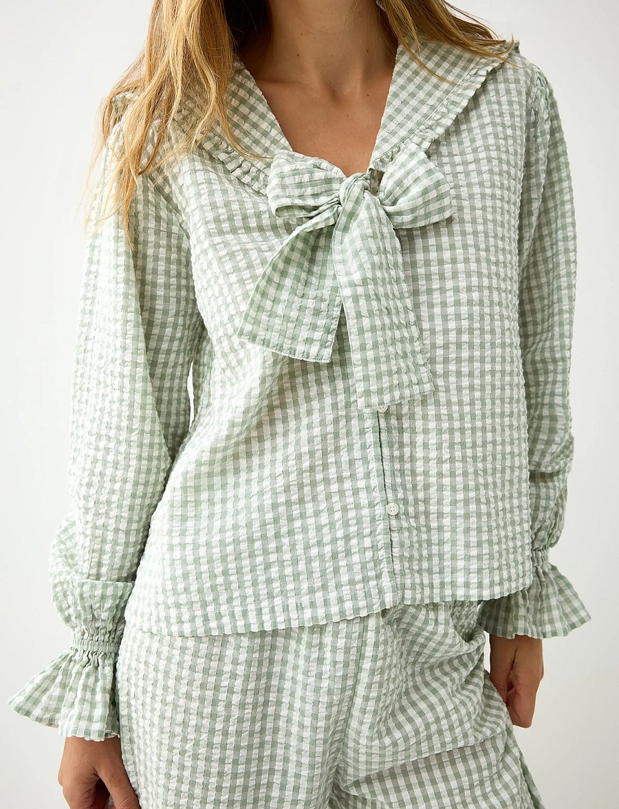 Lindex - Pyjama shirt in seersucker - långärmade skjortor - light dusty green - 4