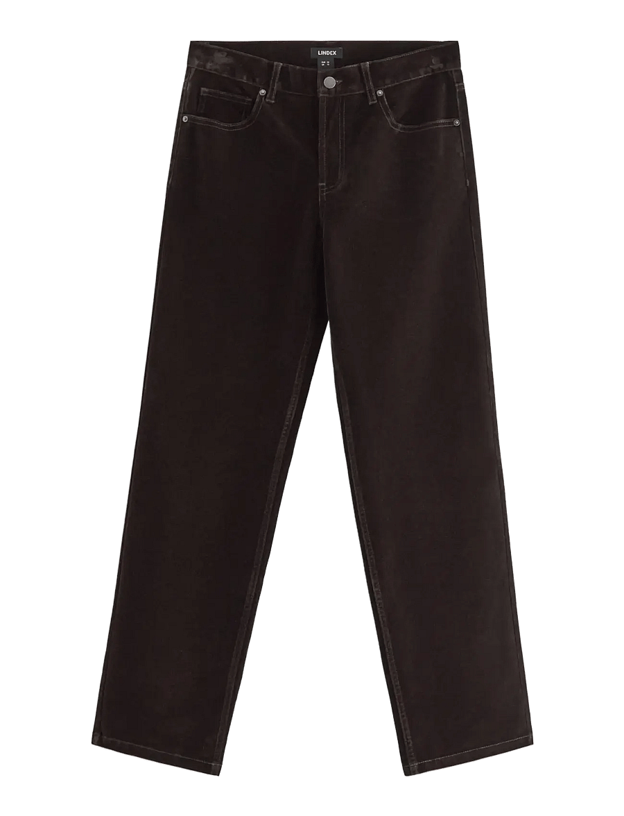 Lindex - STRAIGHT trousers in velvet - bukser med lige ben - dark brown - 1