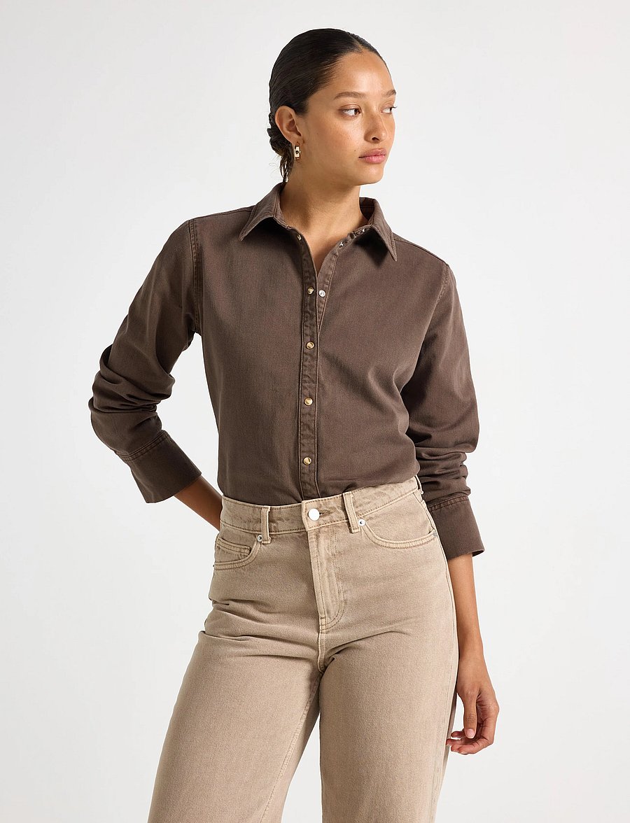 Lindex - Shirt in twill - long-sleeved shirts - brown - 0