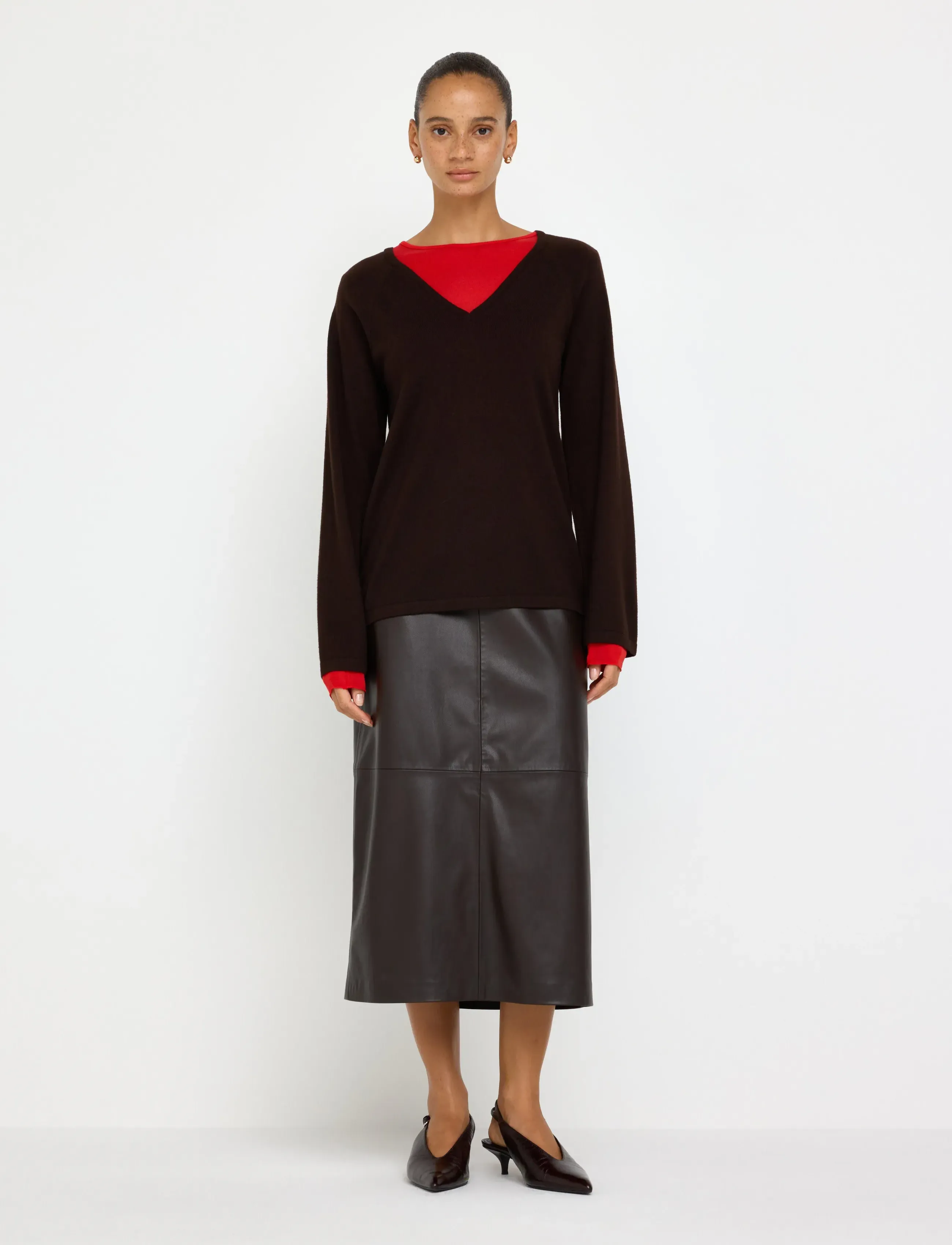 Lindex - Midi skirt in imitation leather - dark brown - 0