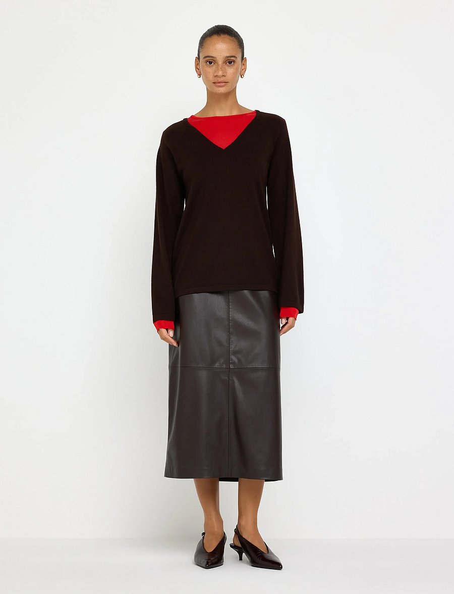 Lindex - Midi skirt in imitation leather - dark brown - 0