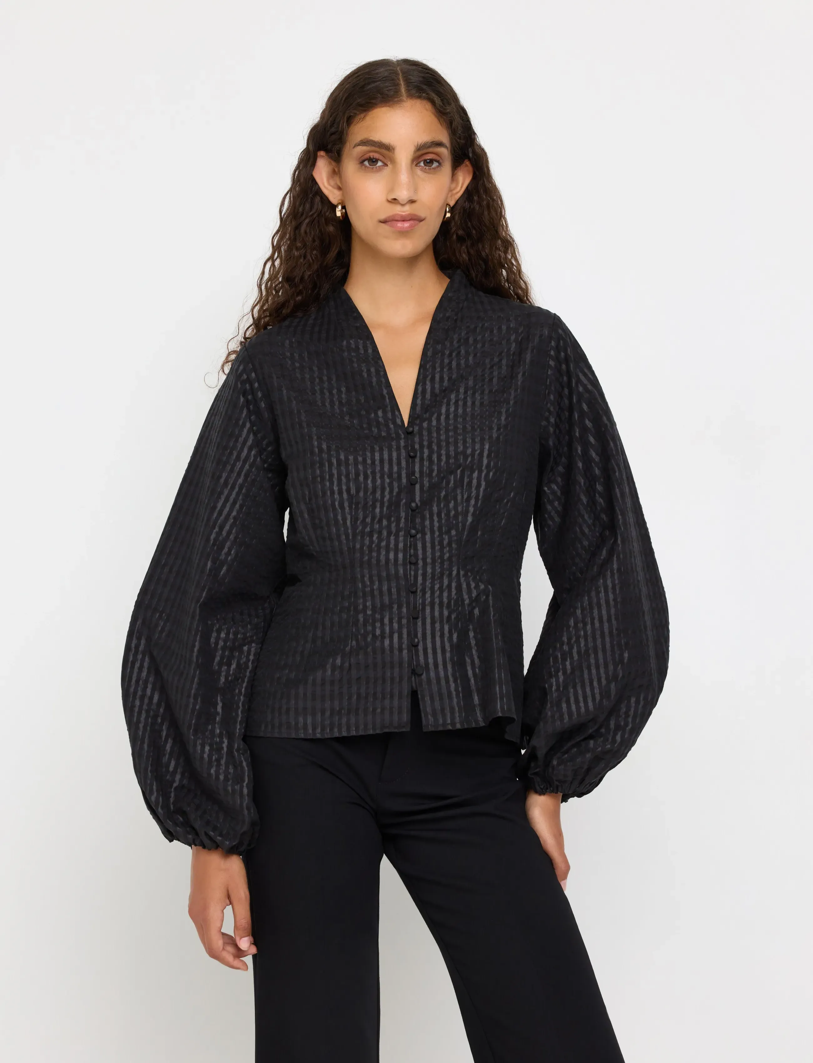Lindex - Blouse in seersucker - långärmade blusar - black - 0