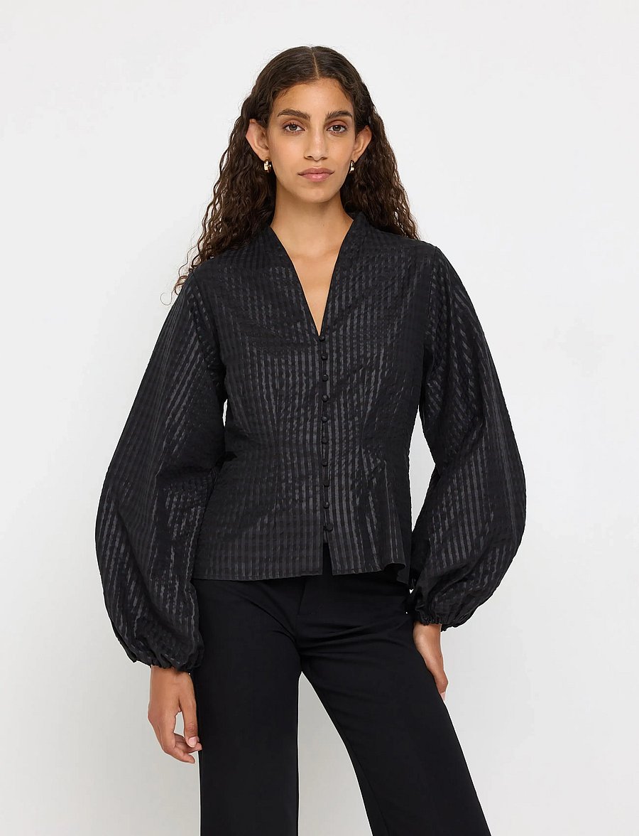 Lindex - Blouse in seersucker - långärmade blusar - black - 0