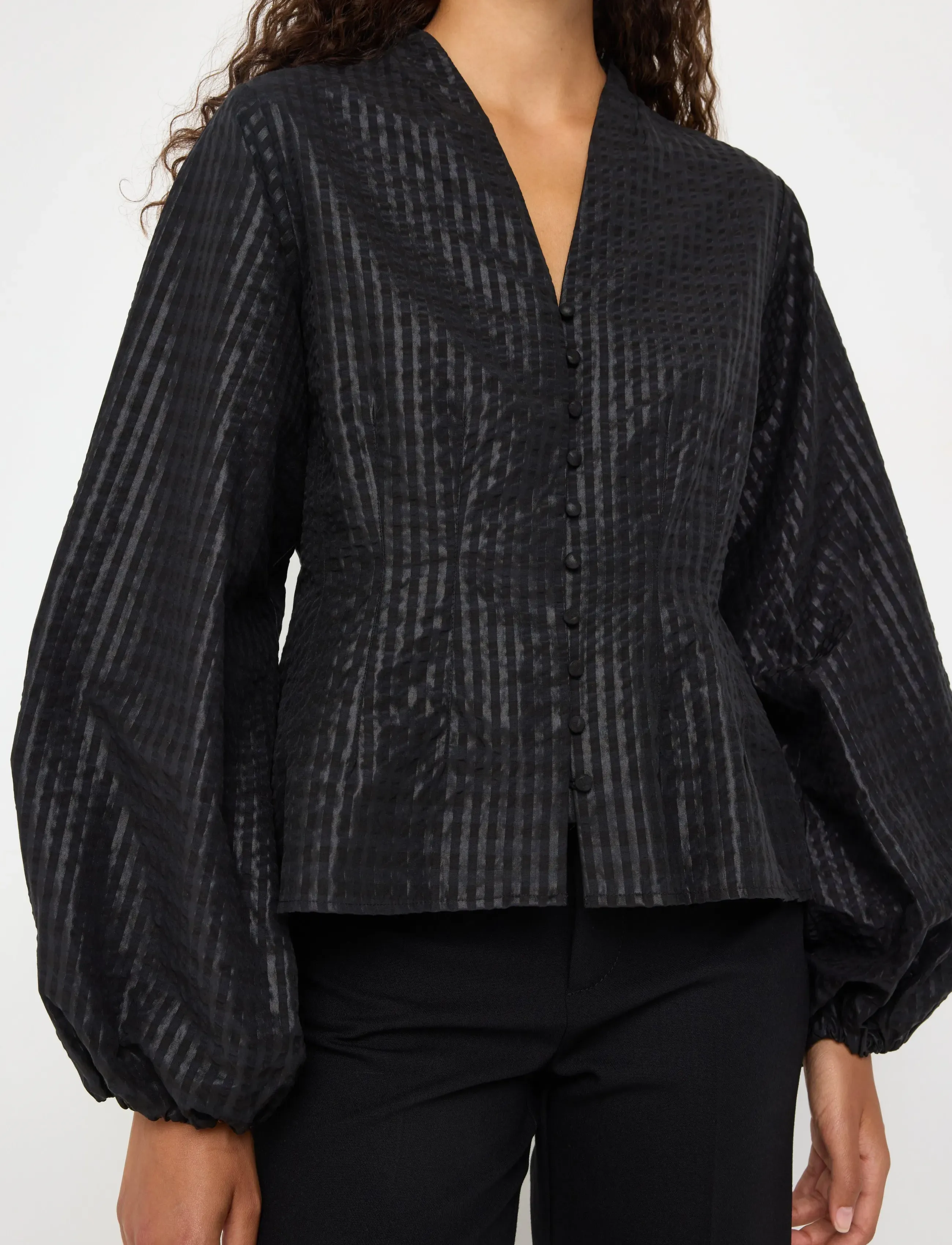 Lindex - Blouse in seersucker - långärmade blusar - black - 4