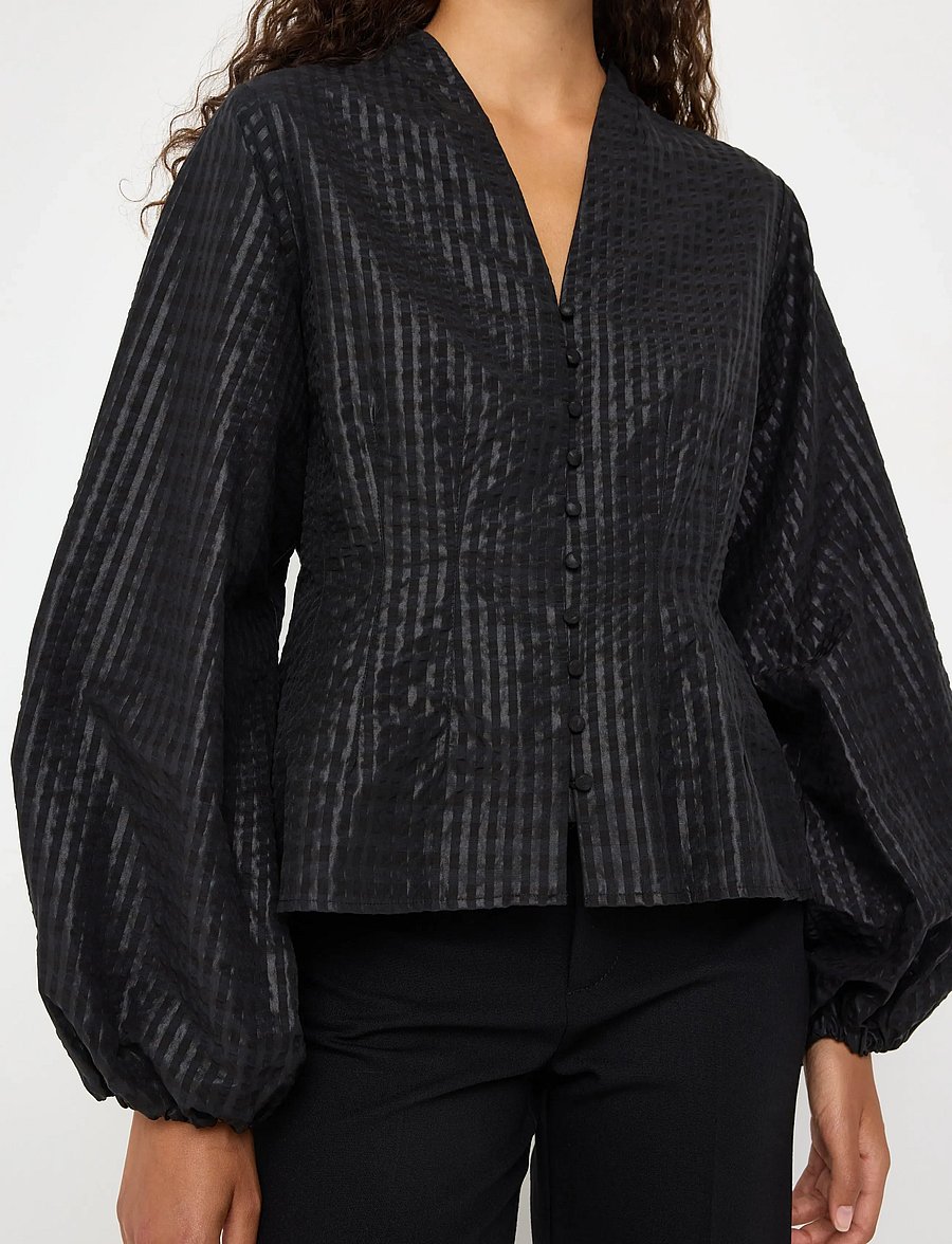 Lindex - Blouse in seersucker - långärmade blusar - black - 4