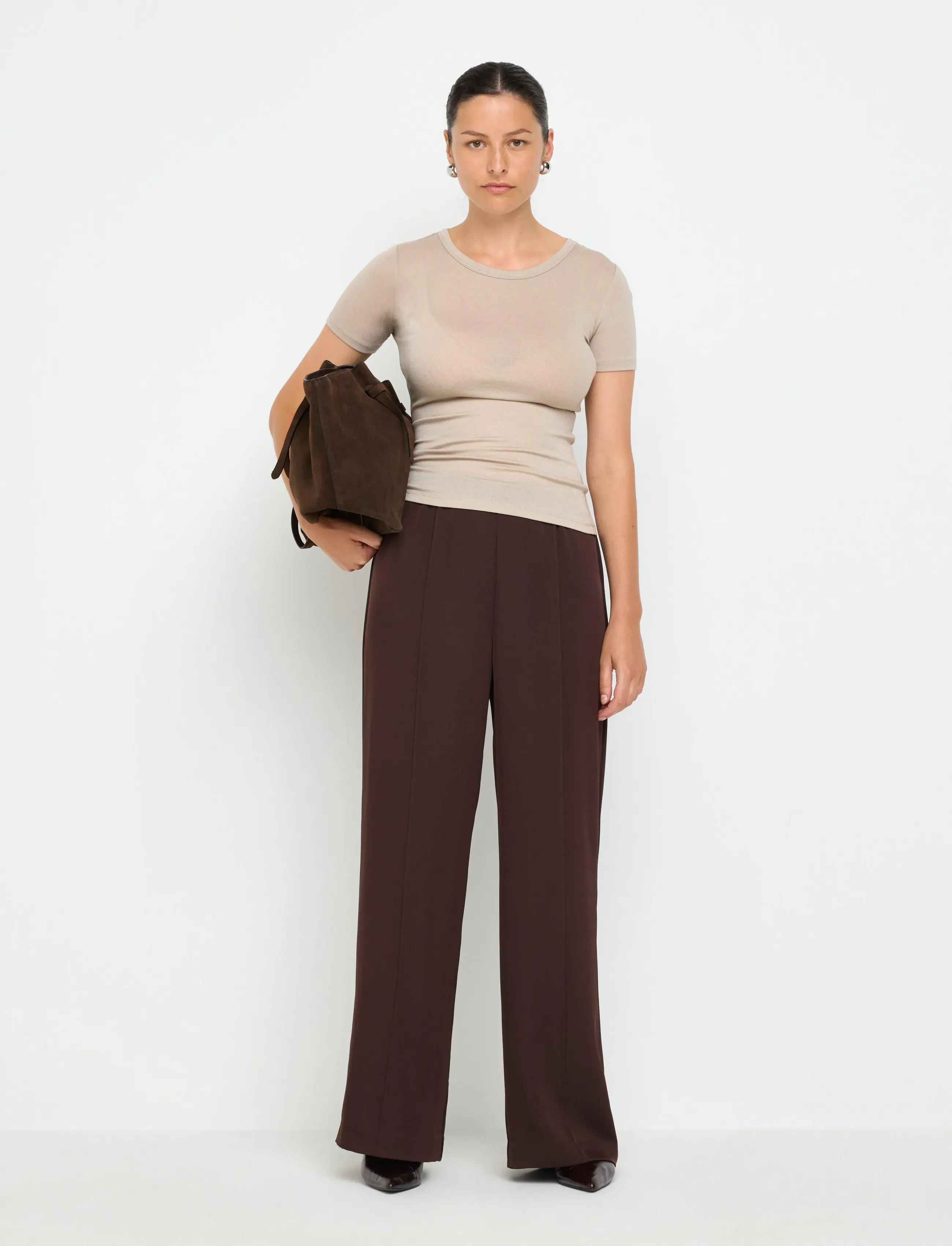Lindex WIDE trousers elastic waist - Kläder - DARK BROWN / brown