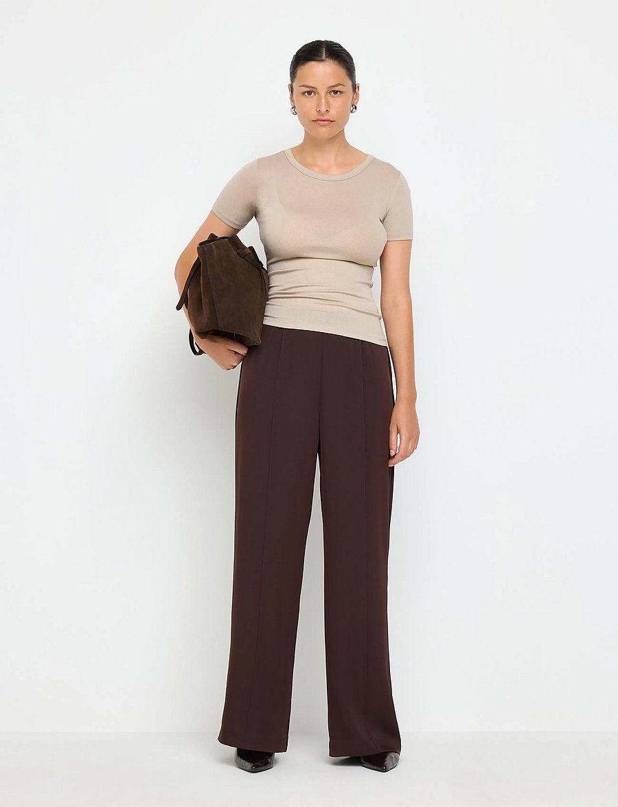 Lindex - WIDE trousers elastic waist - vida byxor - dark brown - 0