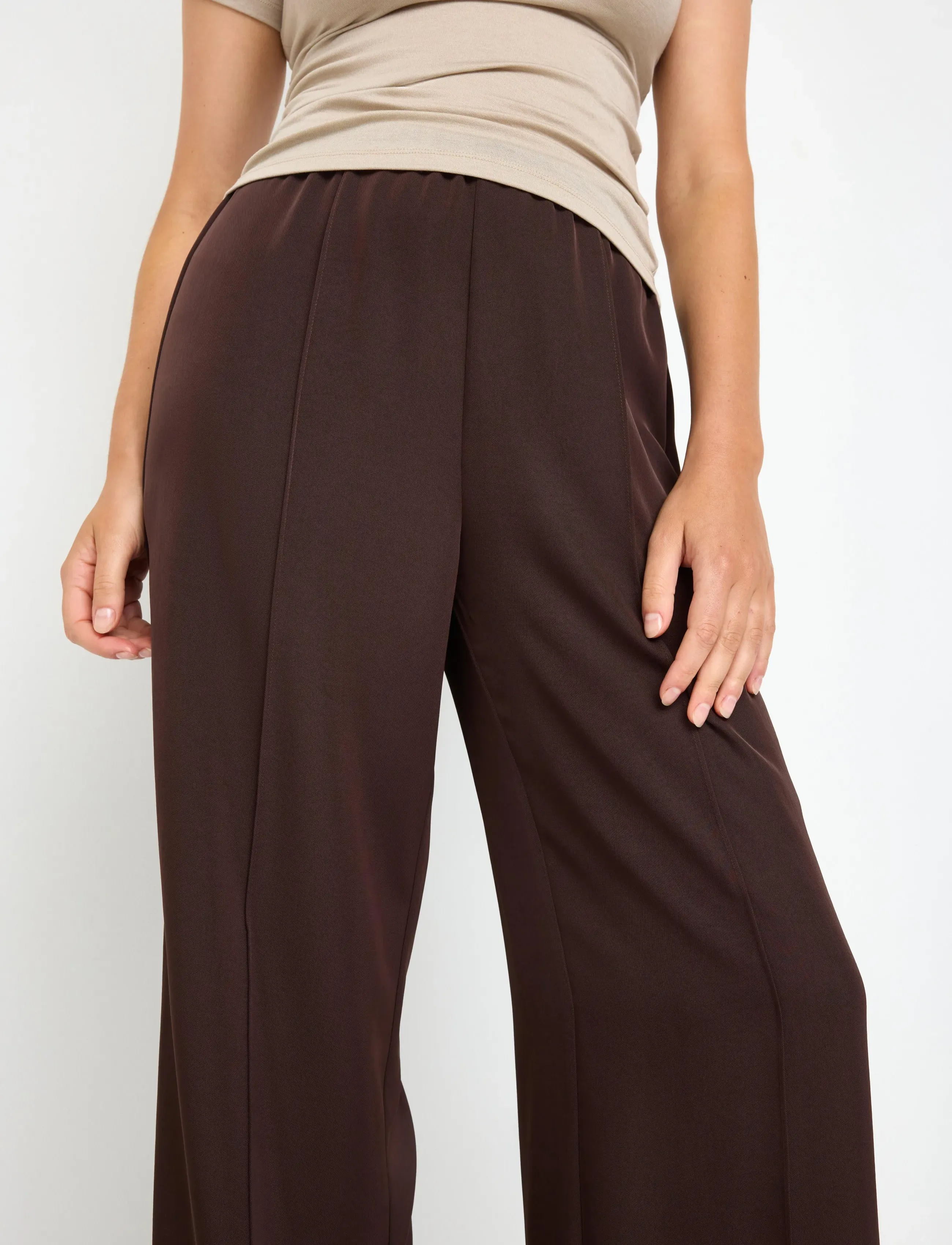 Lindex - WIDE trousers elastic waist - vida byxor - dark brown - 4