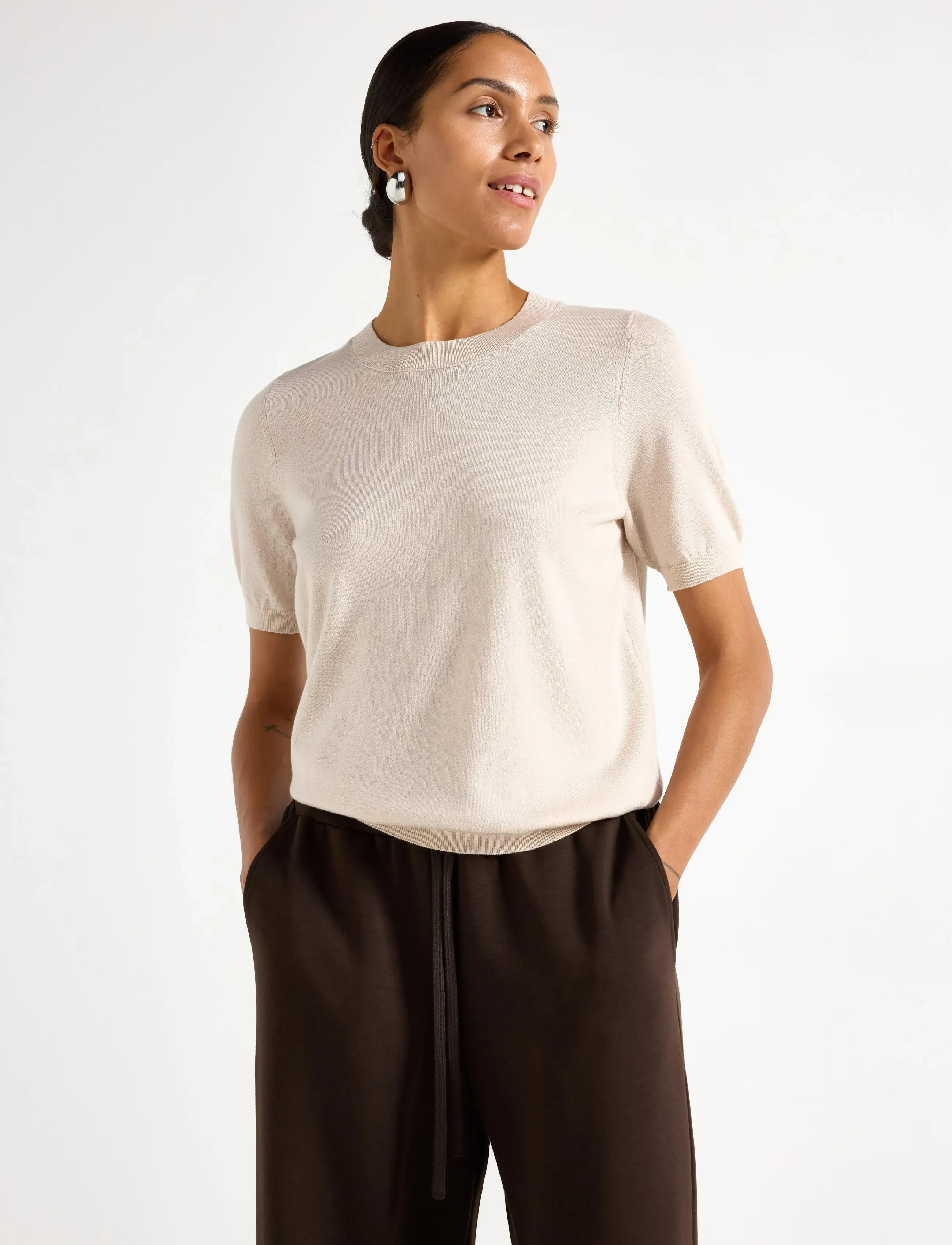 Lindex Fine-Knit Top, Kvinder, Finstrikket Top Med Puff Ærmer, Beige, Str: XS