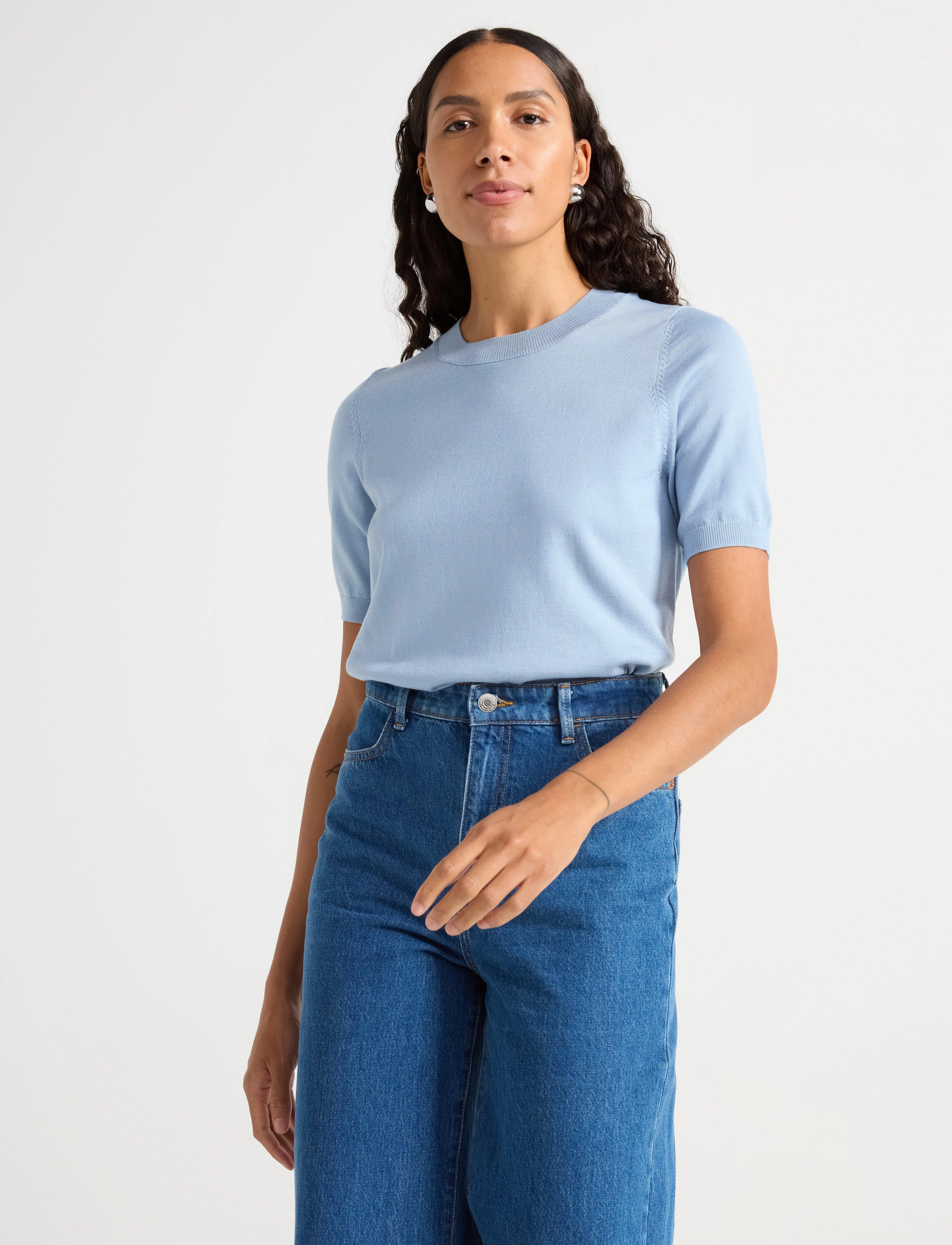 Lindex Fine-Knit Top, Kvinder, Finstrikket Top Med Puff Ærmer, Blå, Str: XS