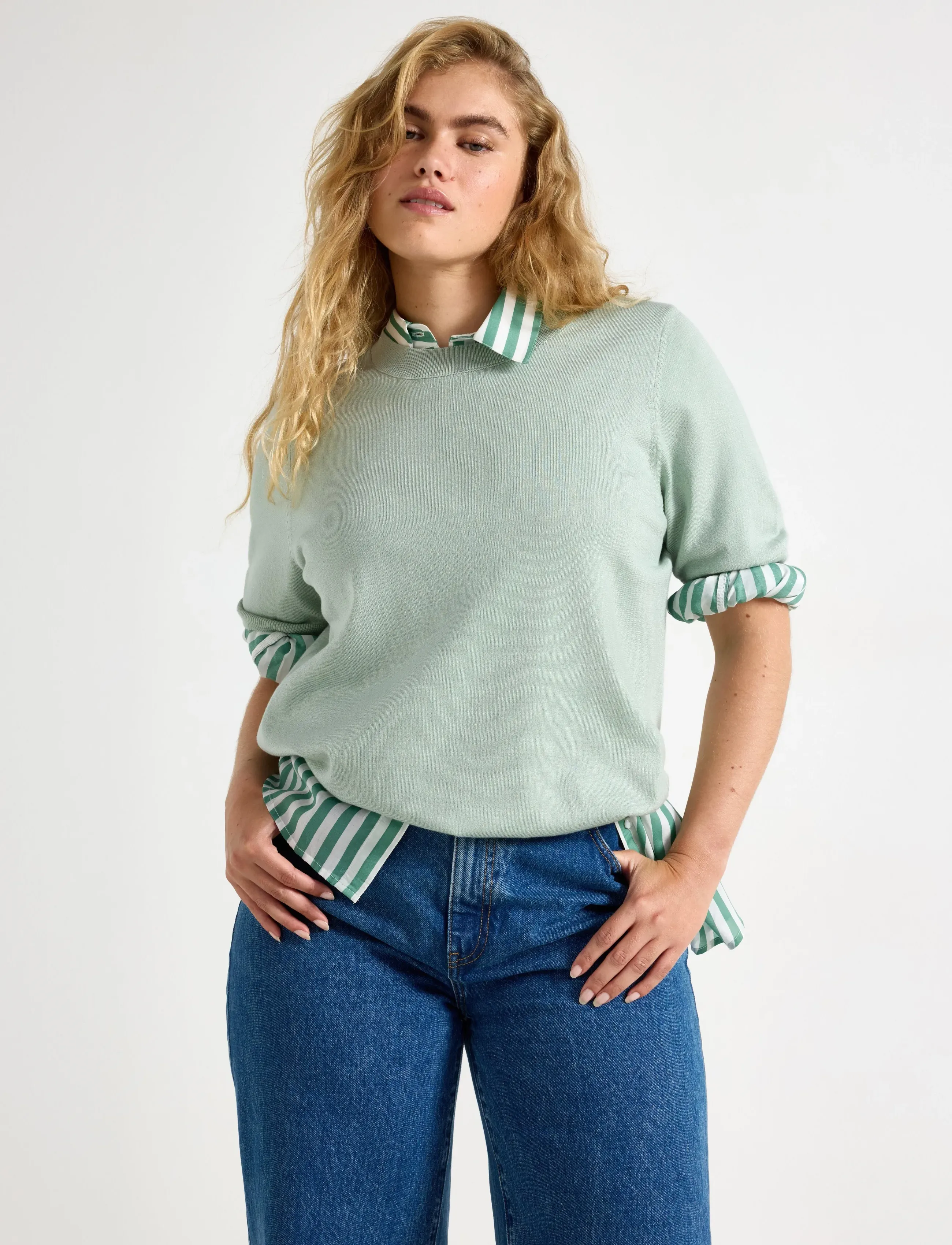 Lindex Fine-knit top - T-shirts - LIGHT DUSTY GREEN / green