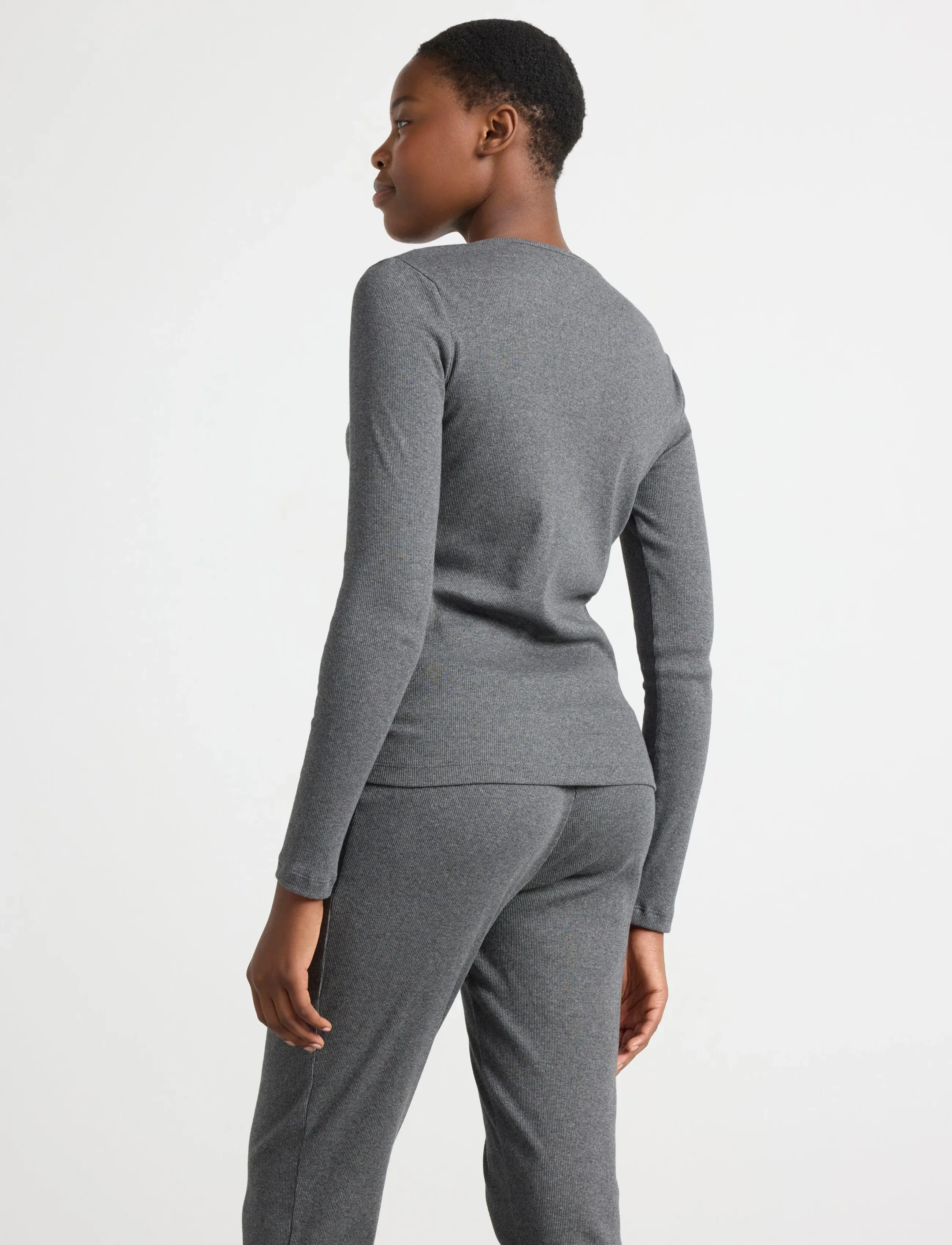 Lindex - Ribbed long sleeve pyjama top - tops - dark grey melange - 3