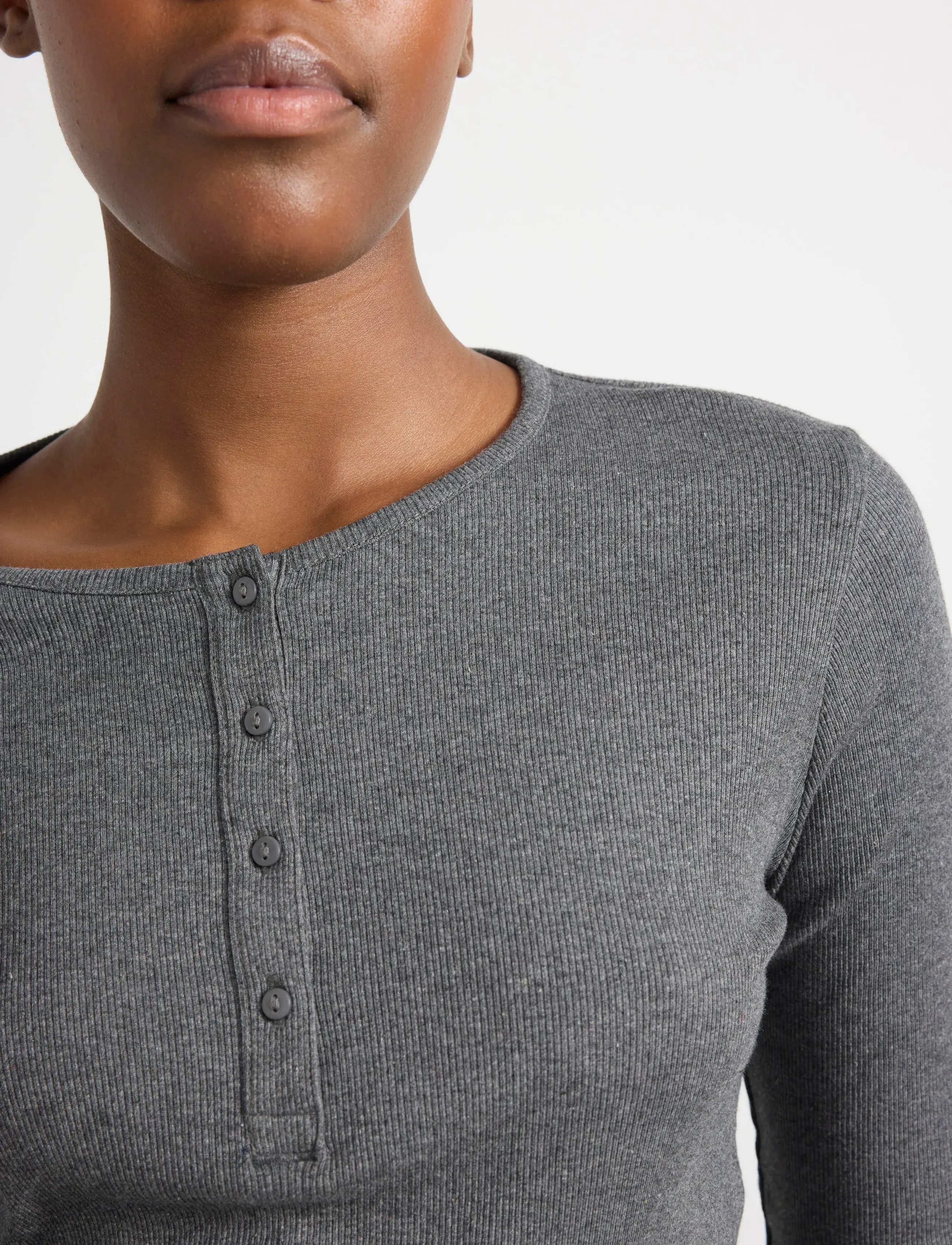 Lindex - Ribbed long sleeve pyjama top - tops - dark grey melange - 4