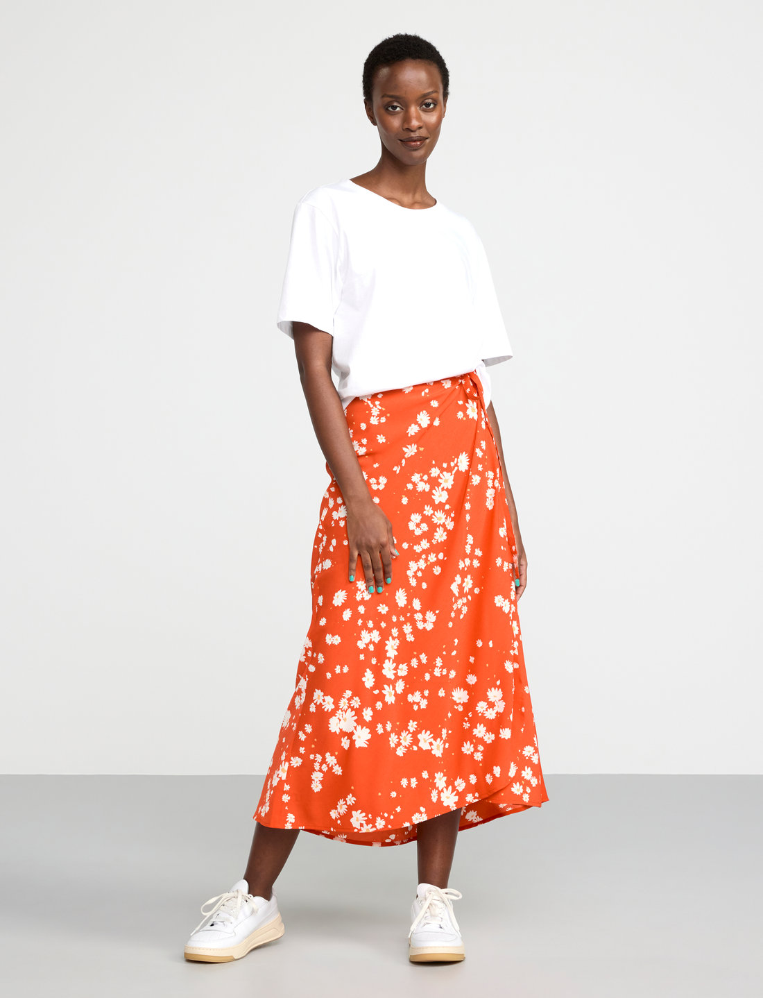 Orange floral midi skirt clearance