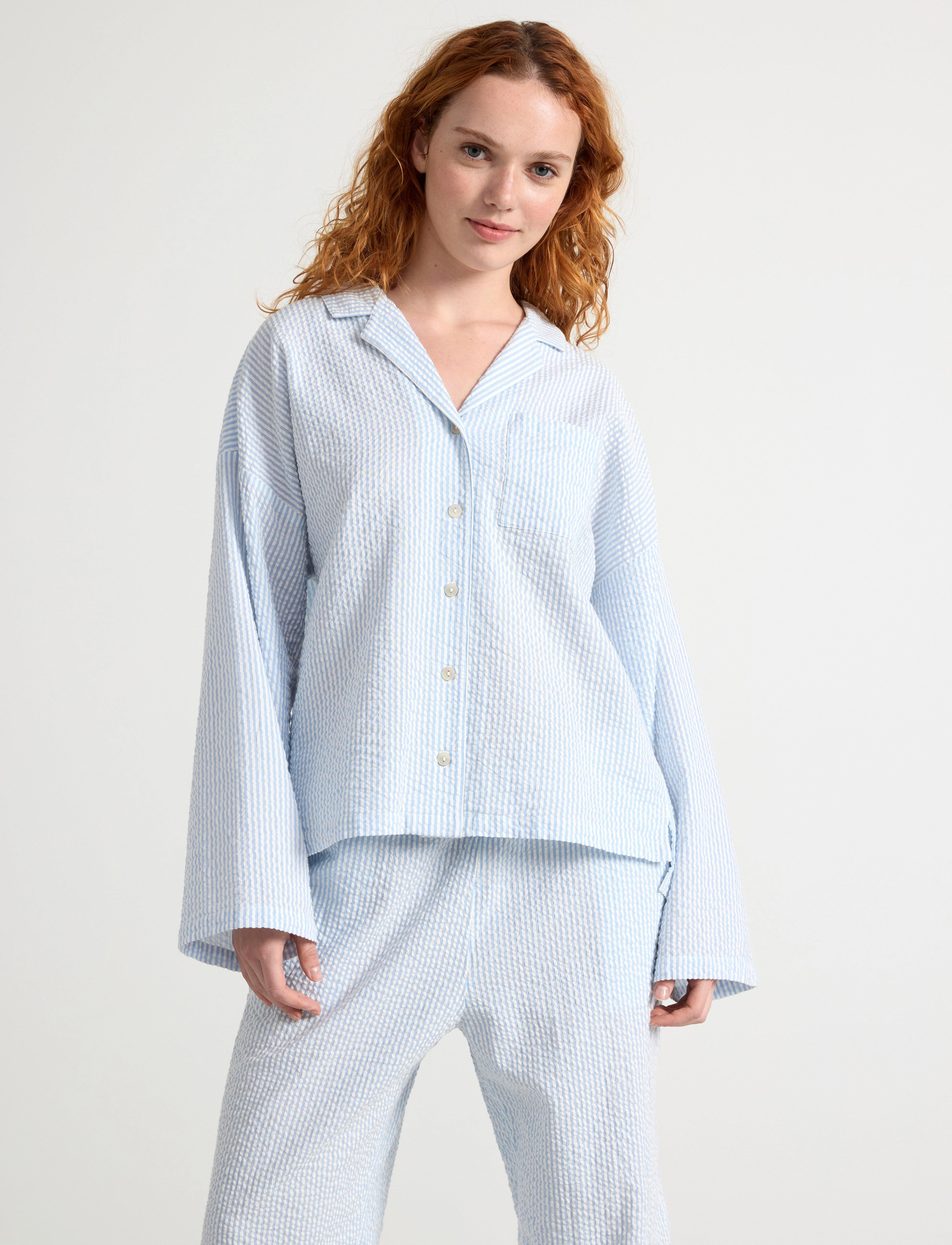 Lindex Pyjama Shirt In Seersucker, Kvinder, Citronprint Seersucker Pyjamasskjorte, Blå, Str: XS