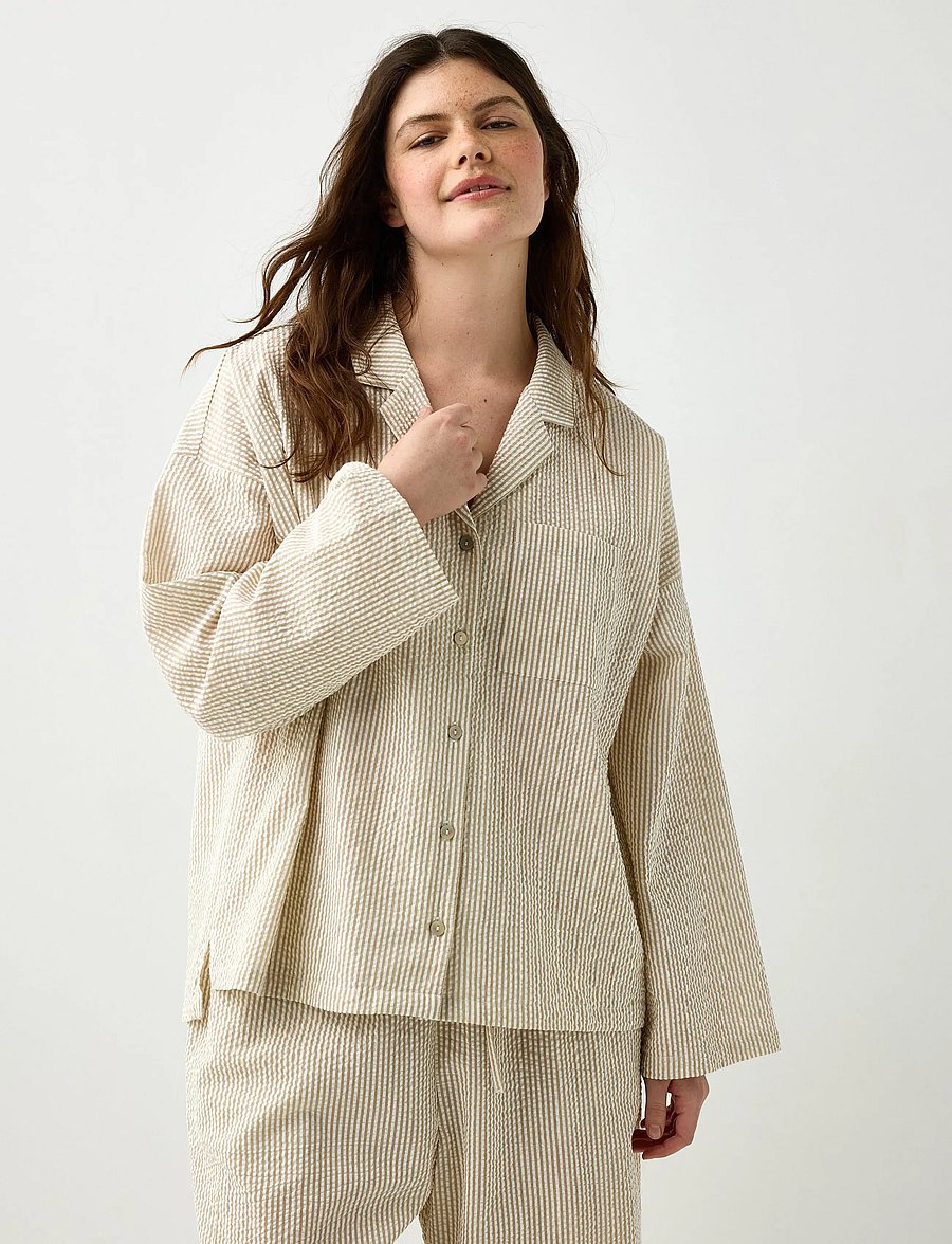 Lindex - Pyjama shirt in seersucker - topid - light dusty khaki - 0