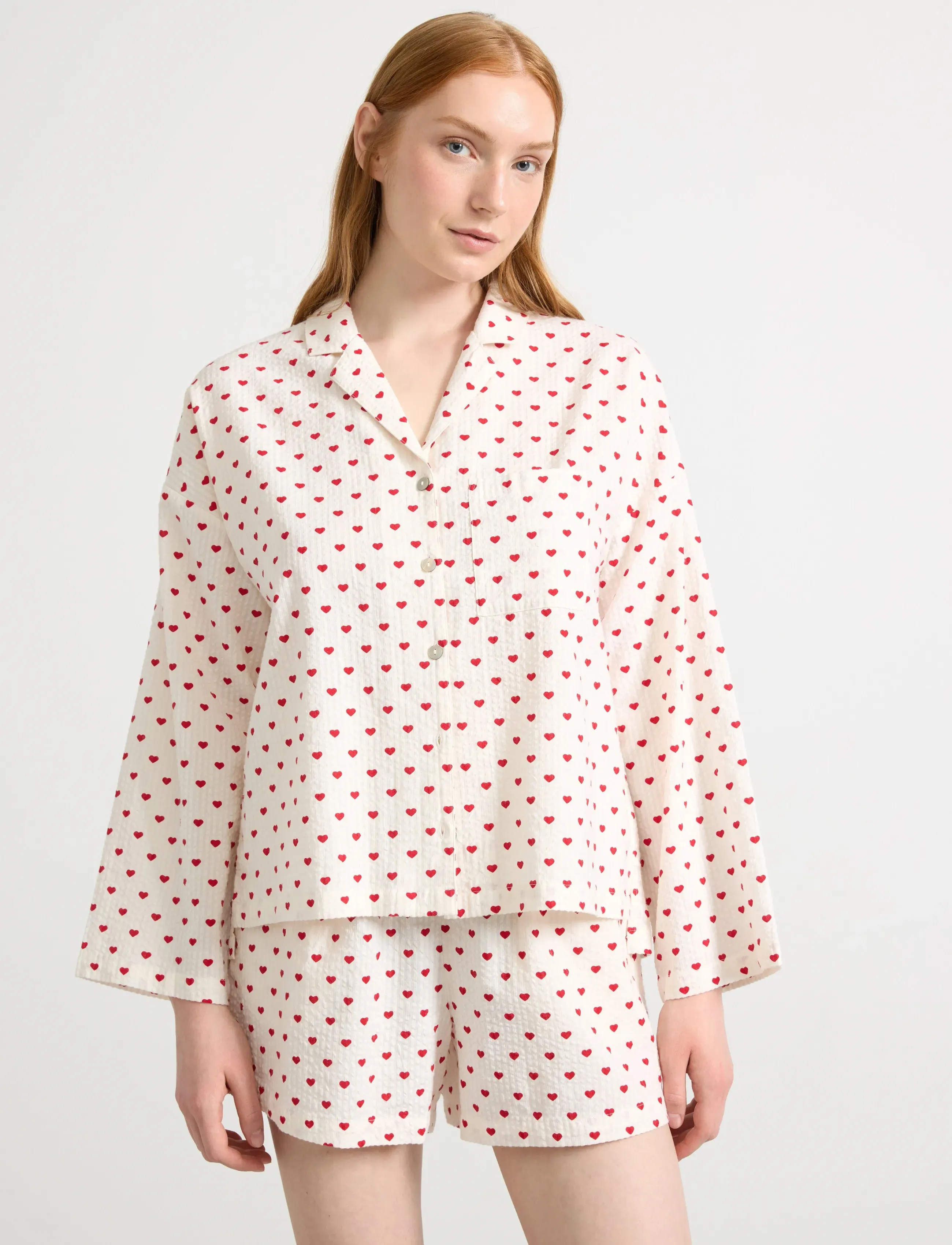 Lindex Pyjama Shirt In Seersucker, L, Night & Loungewear, Rot - Oberteile, Frauen