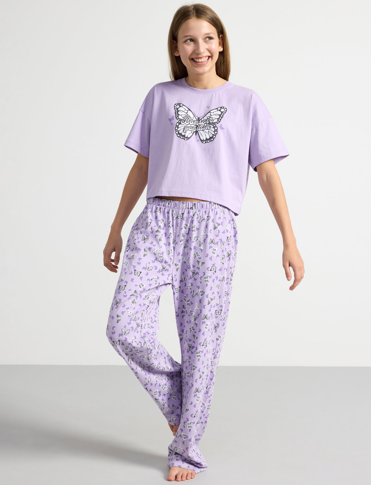 Lindex - Pajama boxy t shirt Cute swe - pyjamasset - light lilac - 1