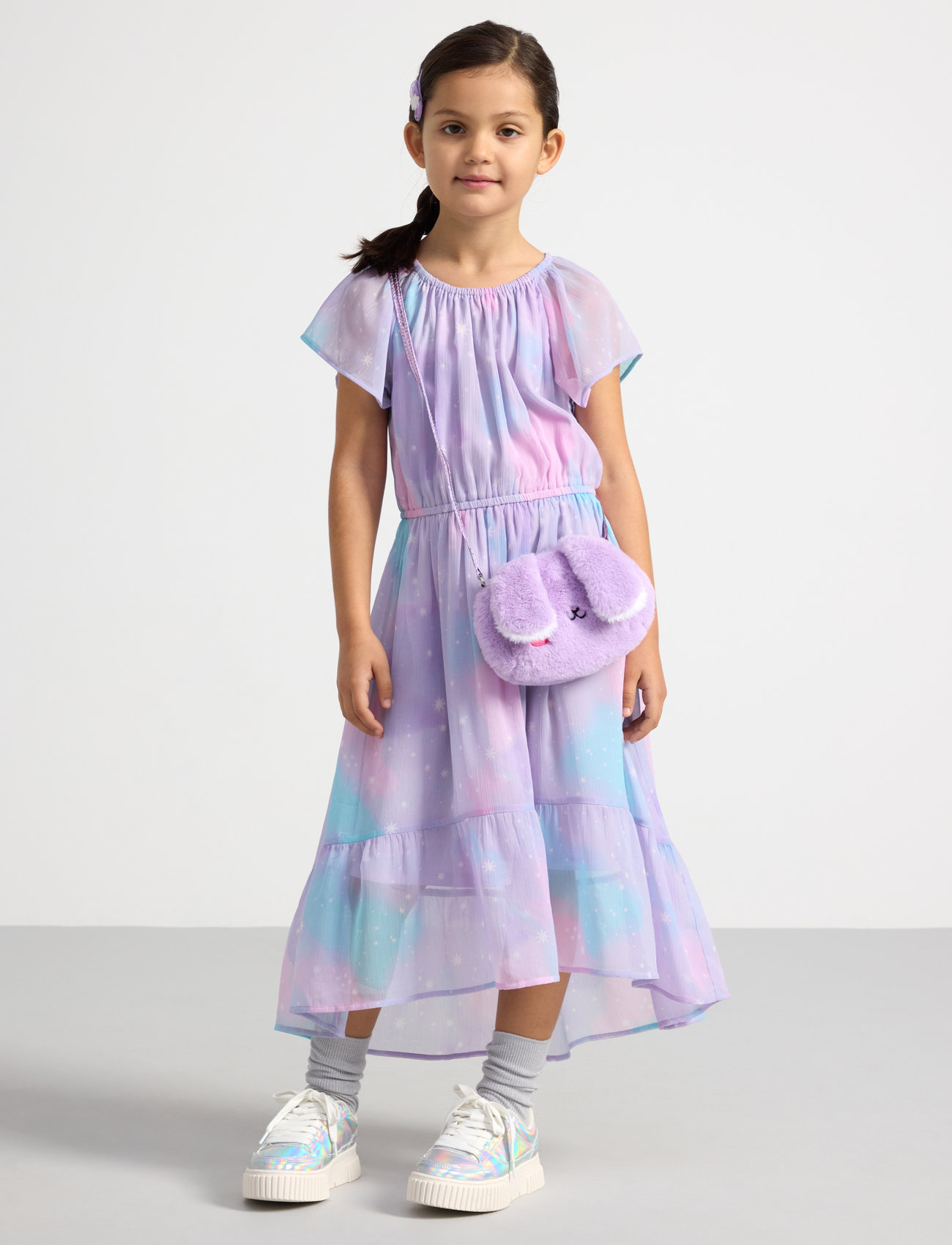 Lindex - Dress hi and low Chiffon AOP - sukienki codzienne z krótkim rękawem - light lilac - 0