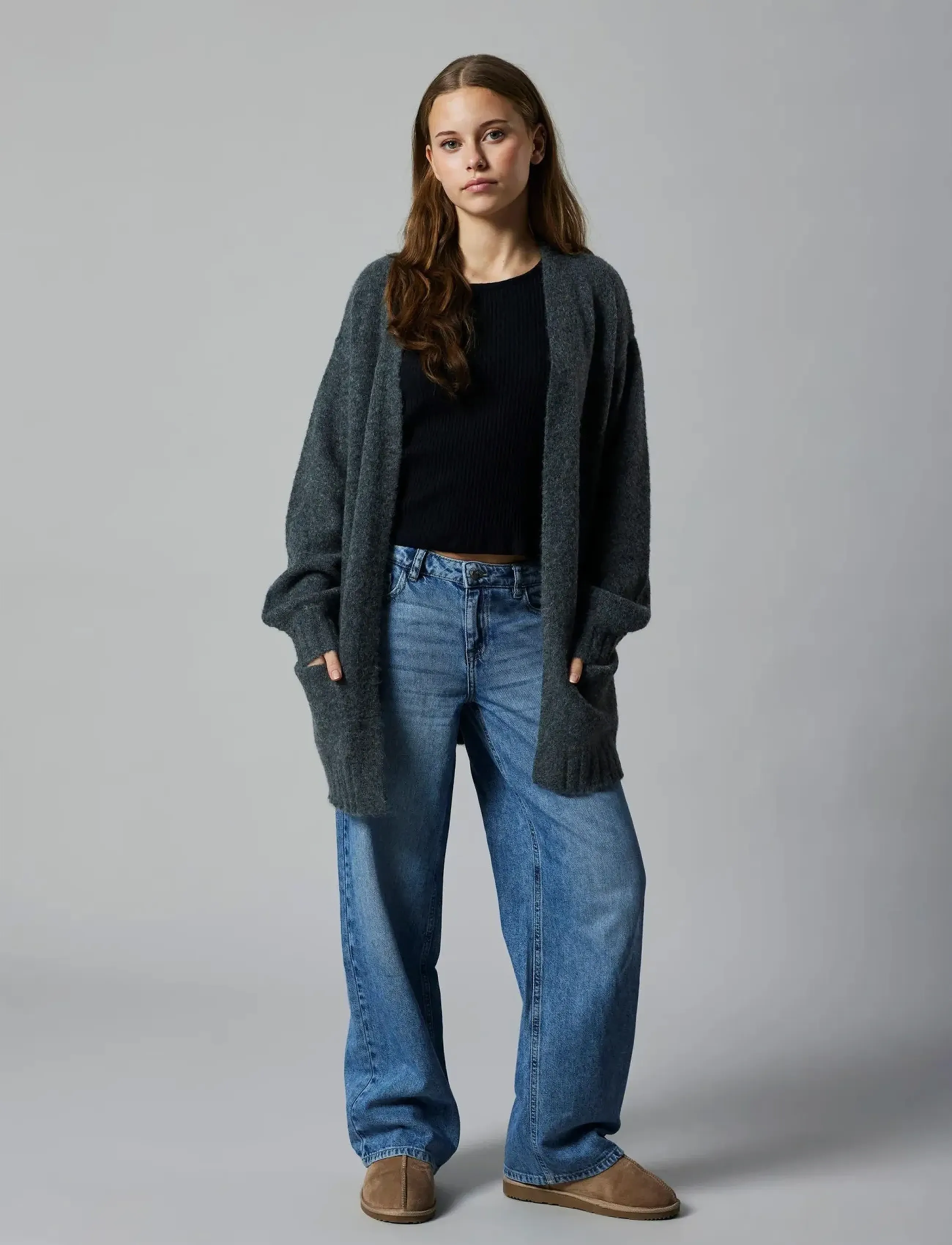 LMTD Nlfnava Ls Long Knit Cardigan Noos, Børn, Lang Strikcardigan, Grå, Str: 134-140