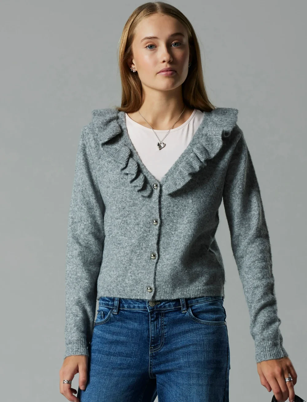 LMTD - NLFREAVE LS FLOUNCE KNIT CARDIGAN - koftor - light grey melange - 0