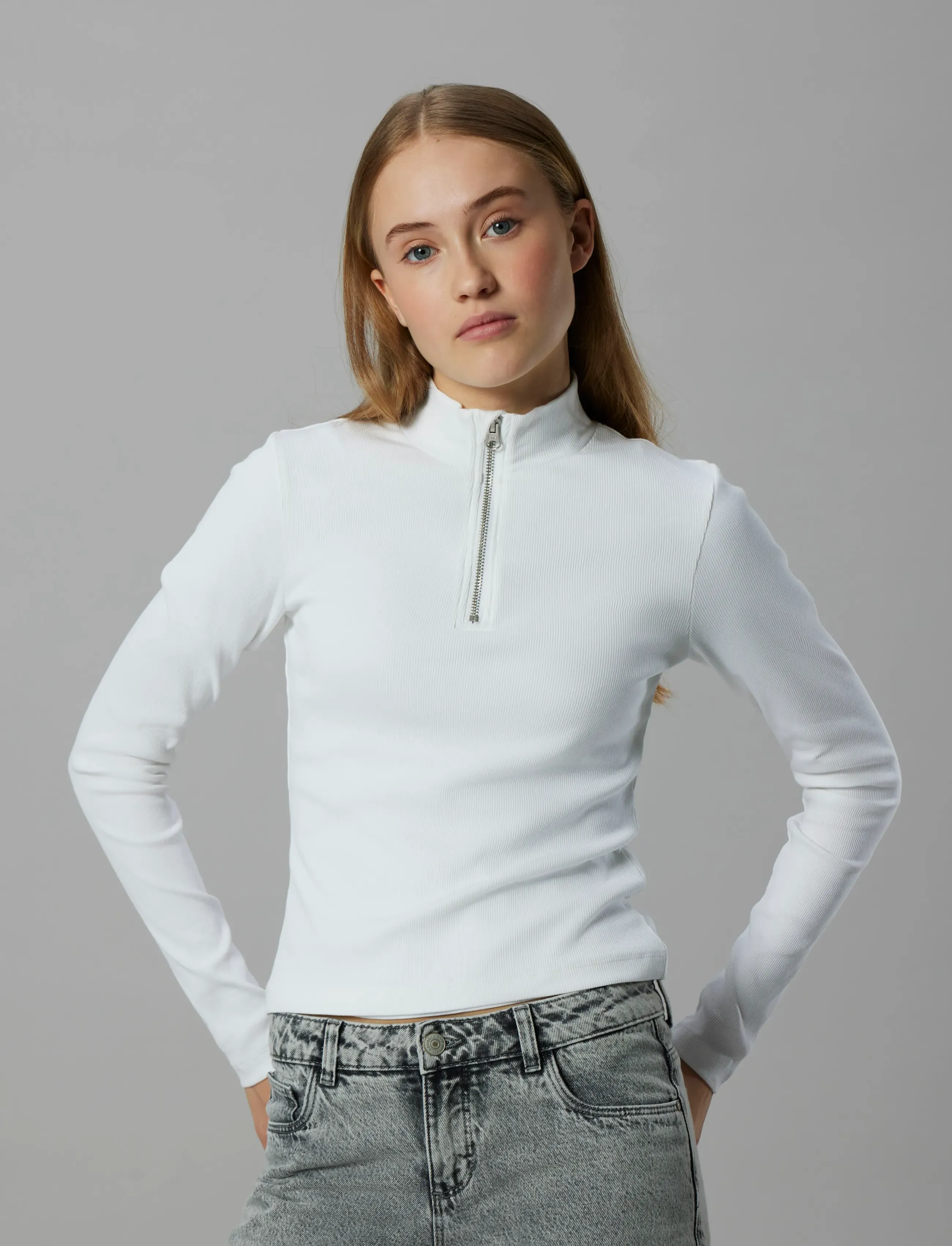 LMTD - NLFHINAJA LS SHORT S HALF ZIP TOP - stickade tröjor - bright white - 2