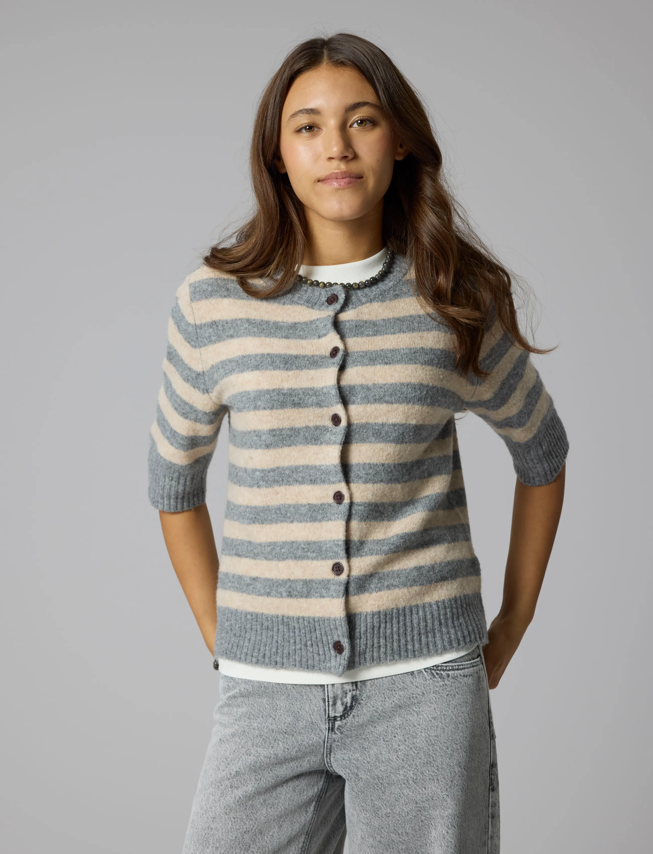 LMTD - NLFBYNTHE SS SHORT STRIPE KNIT CARDIGAN - grey melange - 3