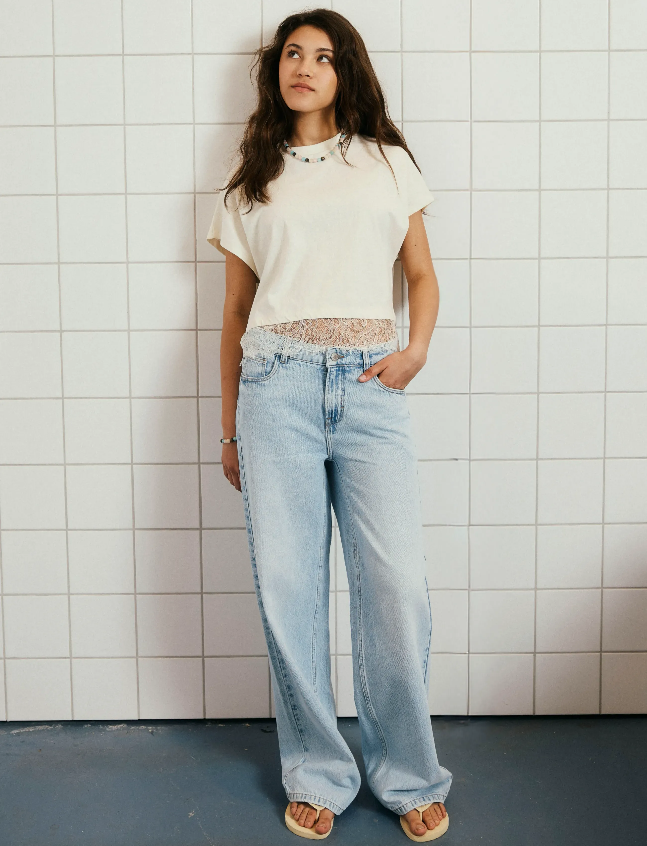 LMTD - NLFBELLA SS L LACE TOP - short-sleeved t-shirts - white alyssum - 2