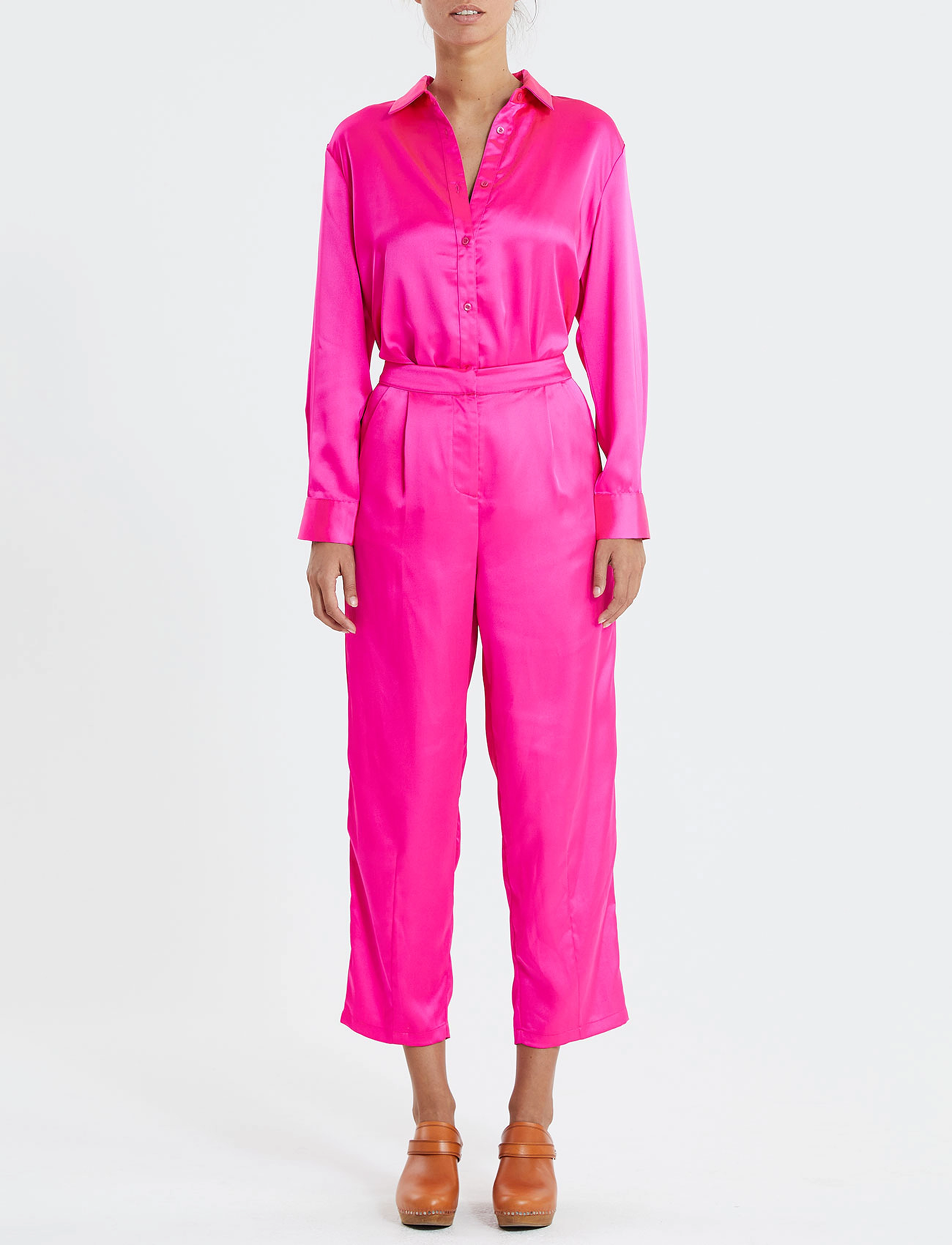 Lollys Laundry Maisie Pants, Kvinder, Højtaljede Brede Ben Satin Bukser, Pink, Str: L