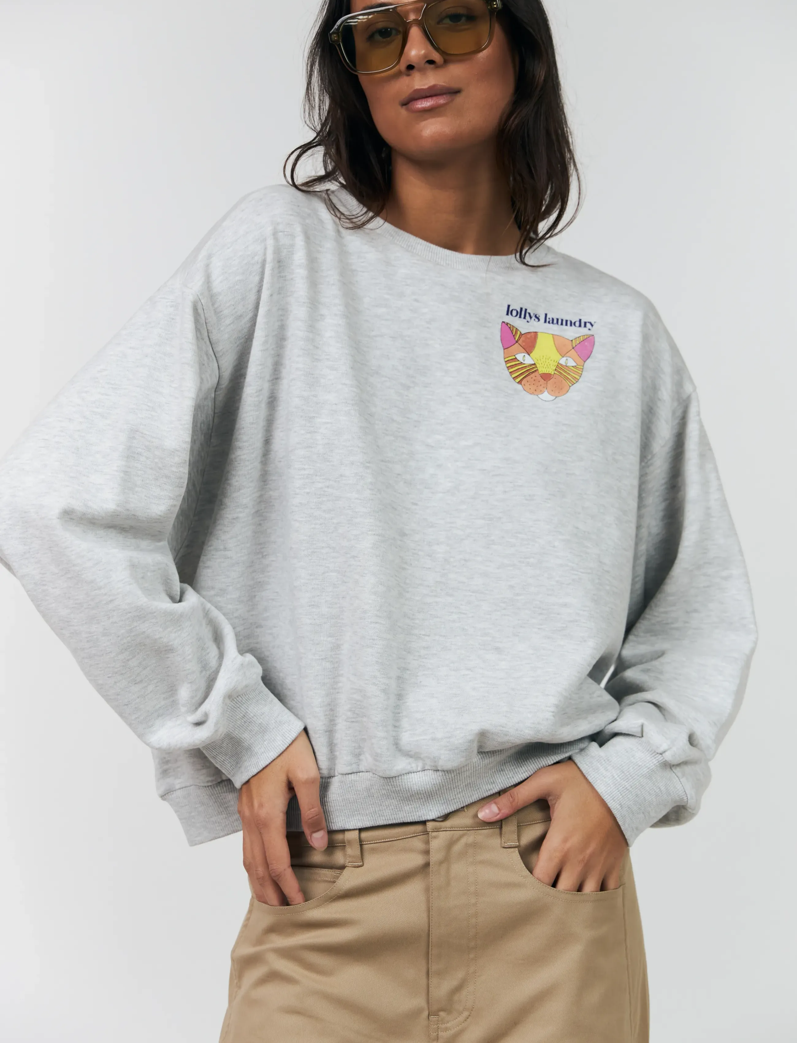 Lollys Laundry Sydneyll Cat Sweatshirt Ls, Kvinder, Kat Sweatshirt, Grå, Str: M