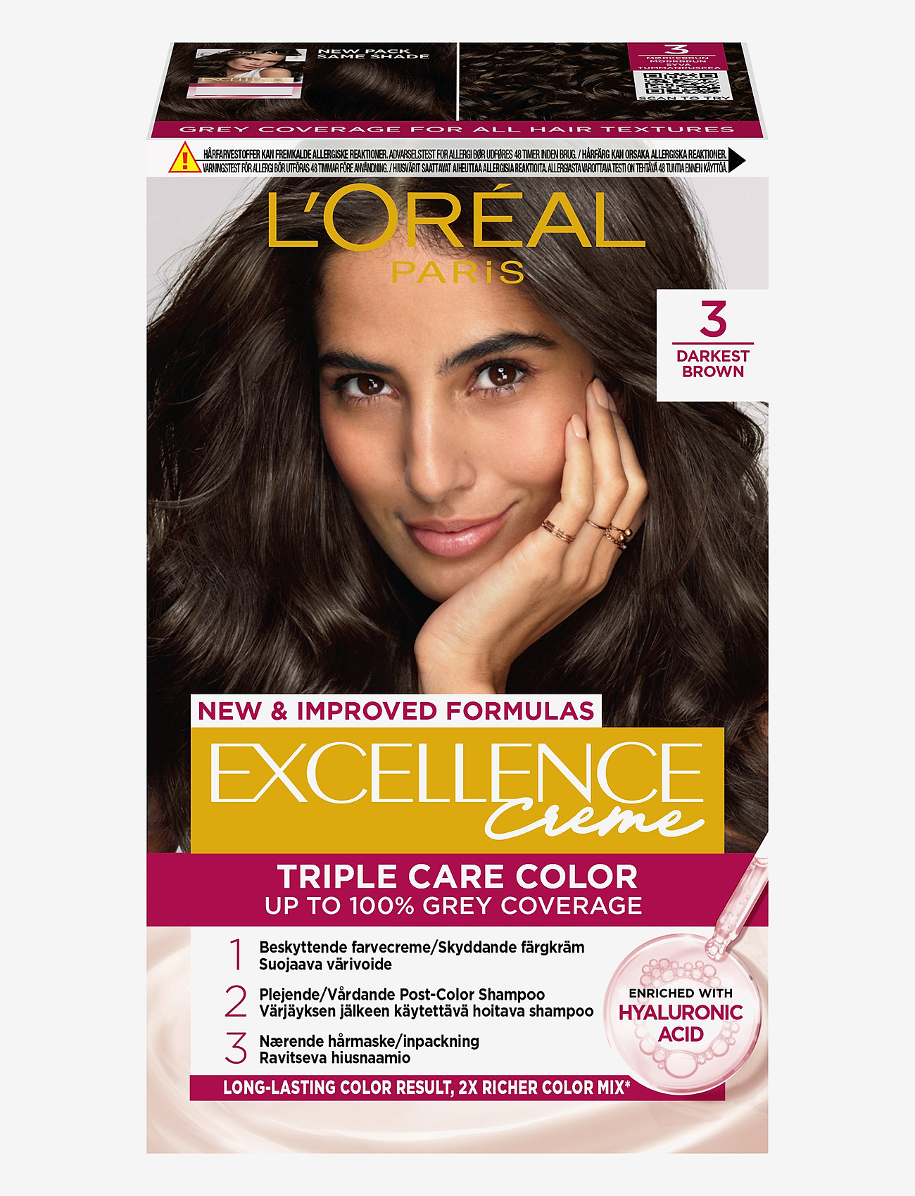 L'Oréal Paris - L'Oréal Paris Excellence Color Cream Kit 3 Darkest Brown - permanent hårfarve - 3 darkest brown - 0