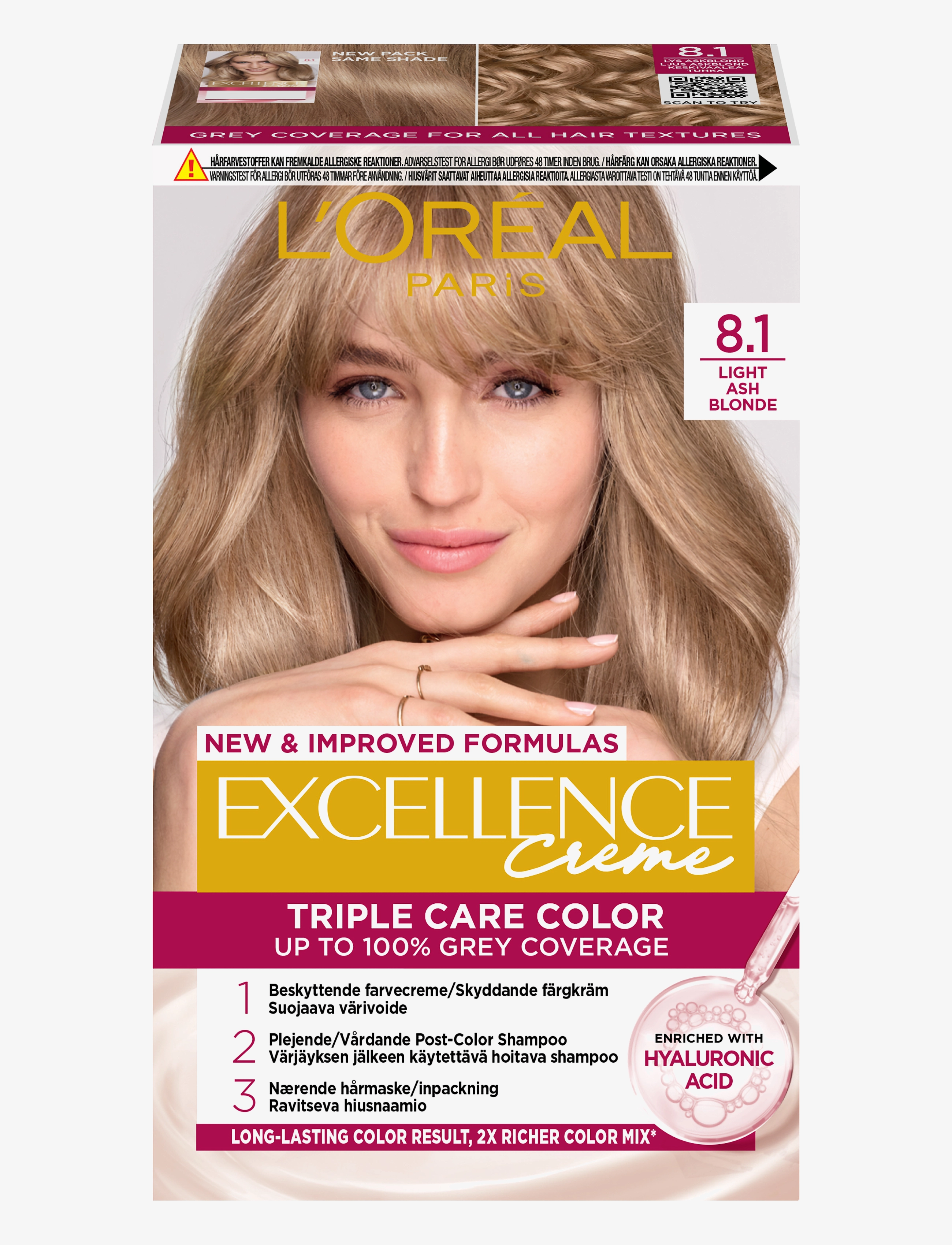 L'Oréal Paris L'Oréal Paris Excellence Color Cream Kit 8,1 Light Ash Blonde - Hår - 1 LIGHT ASH BLONDE / clear