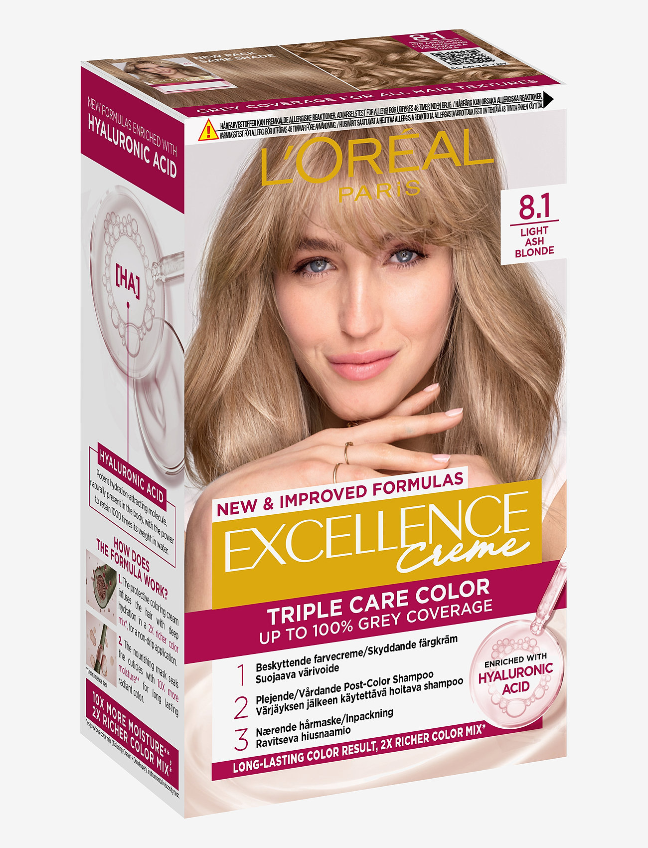 L'Oréal Paris - L'Oréal Paris Excellence Color Cream Kit 8,1 Light Ash Blonde - permanent hårfarve - 1 light ash blonde - 1