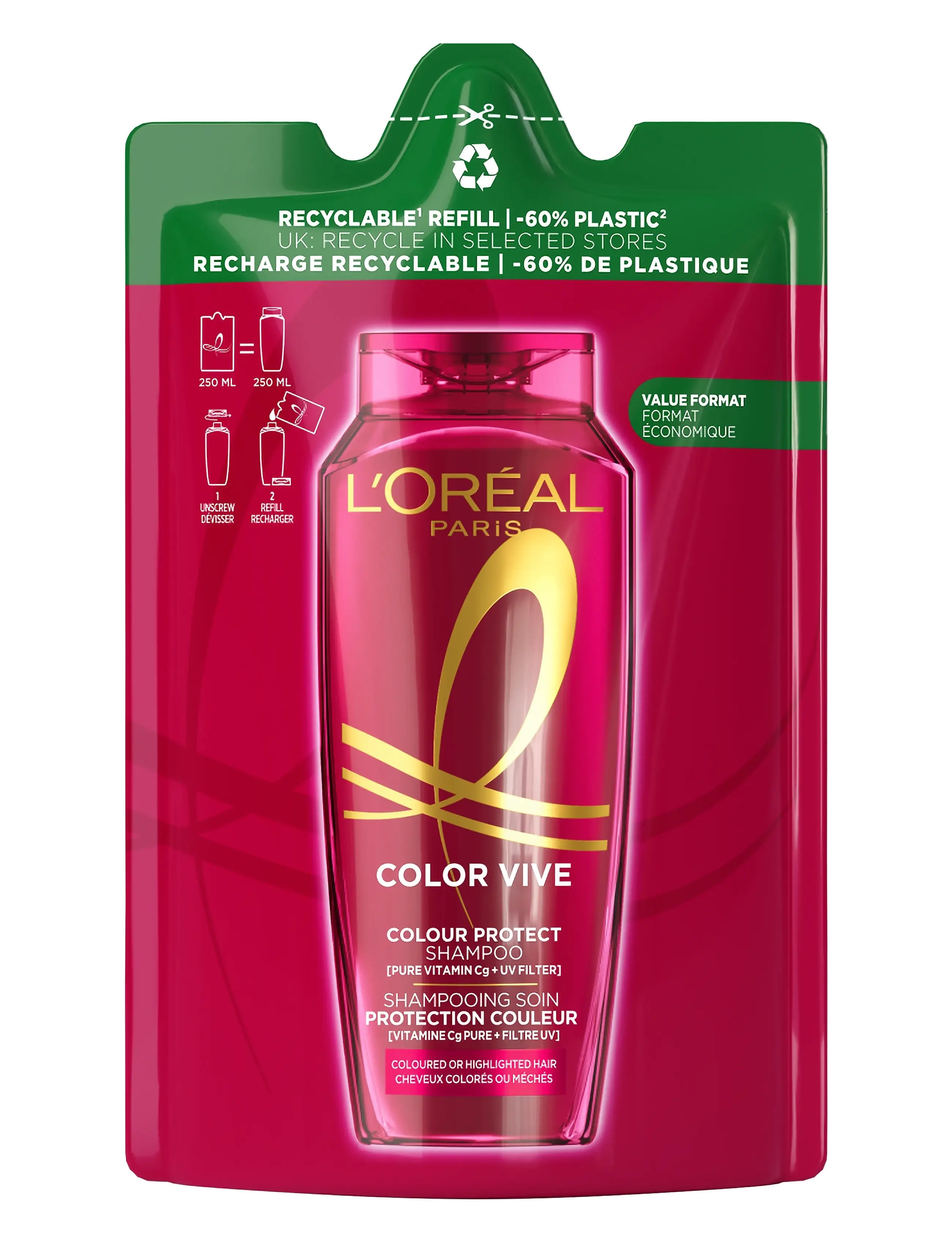 L'Oréal Paris Elvital Color Vive Shampoo Refill For Colored Hair 250 Ml, Shampoo, Nude, Str: 250 ML