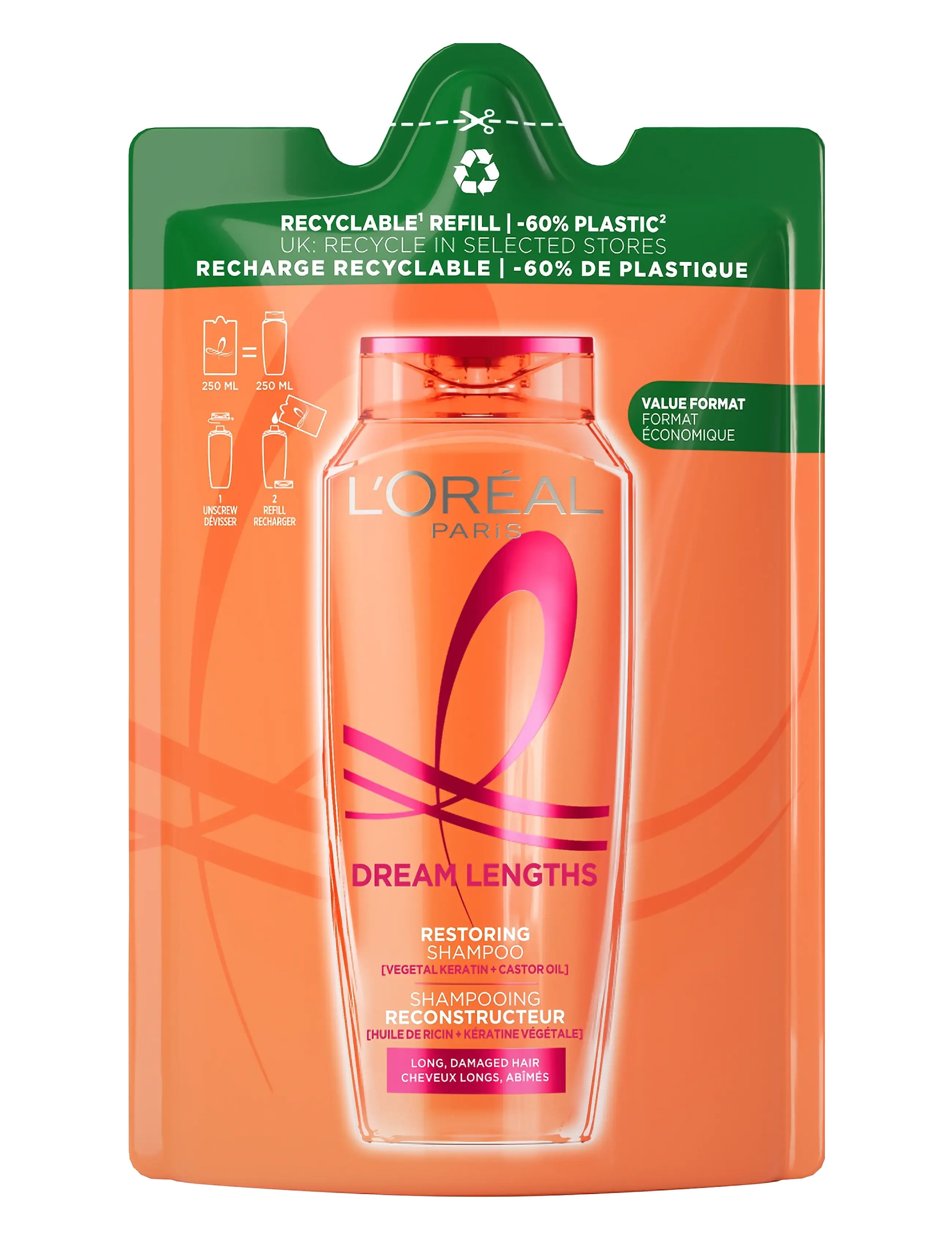 L'Oréal Paris L'Oréal Paris Elvital Dream Length Shampoo Refill for long hair 250 ml - Skønhed - CLEAR / undefined